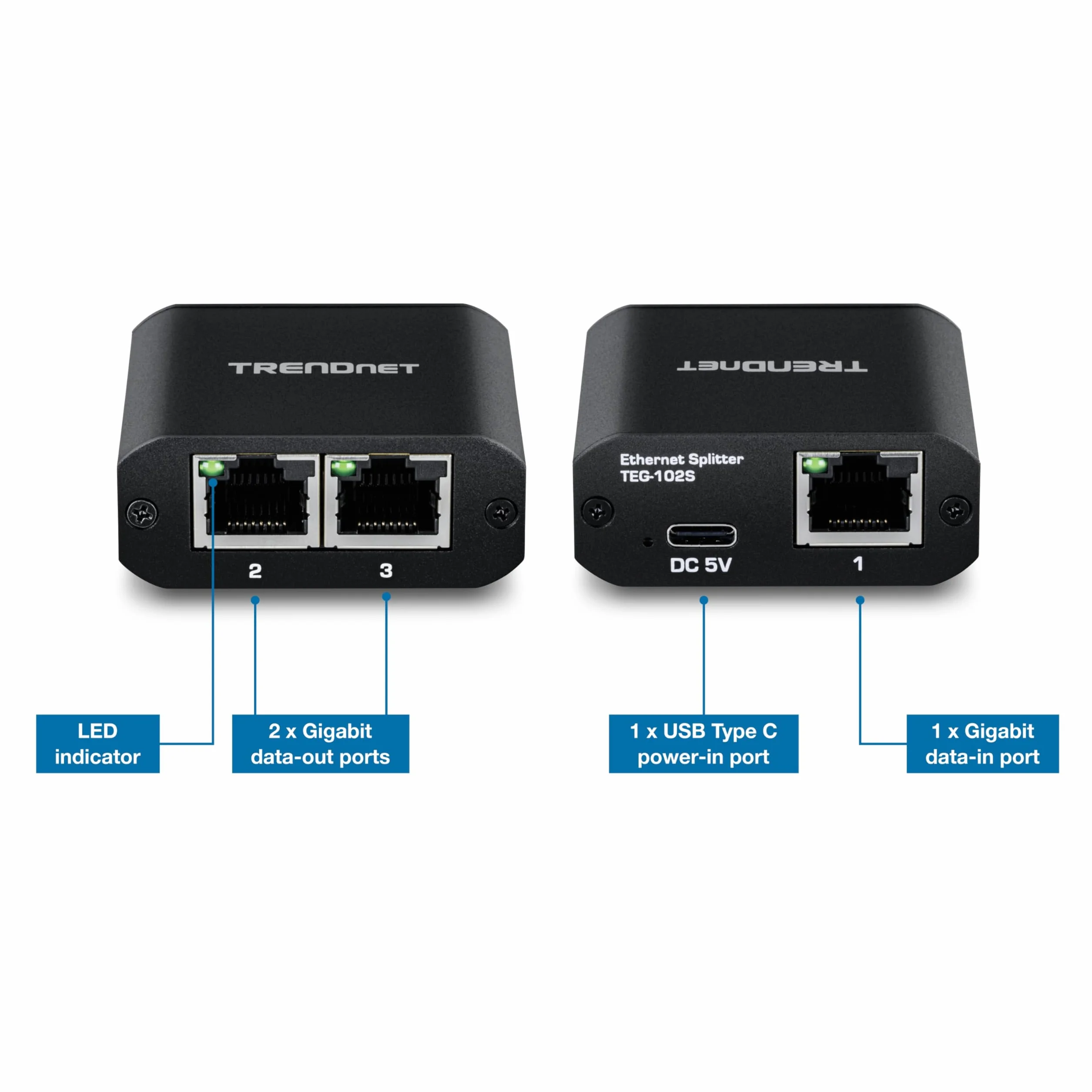TRENDnet 2-portowy rozdzielacz gigabitowy z zasilaniem USB typu C, TEG-102S, dzieli jedno połączenie sieciowe na dwa, rozdzielacz Ethernet, kabel zasilający USB typu C w zestawie, zgodny z NDAA i TAA