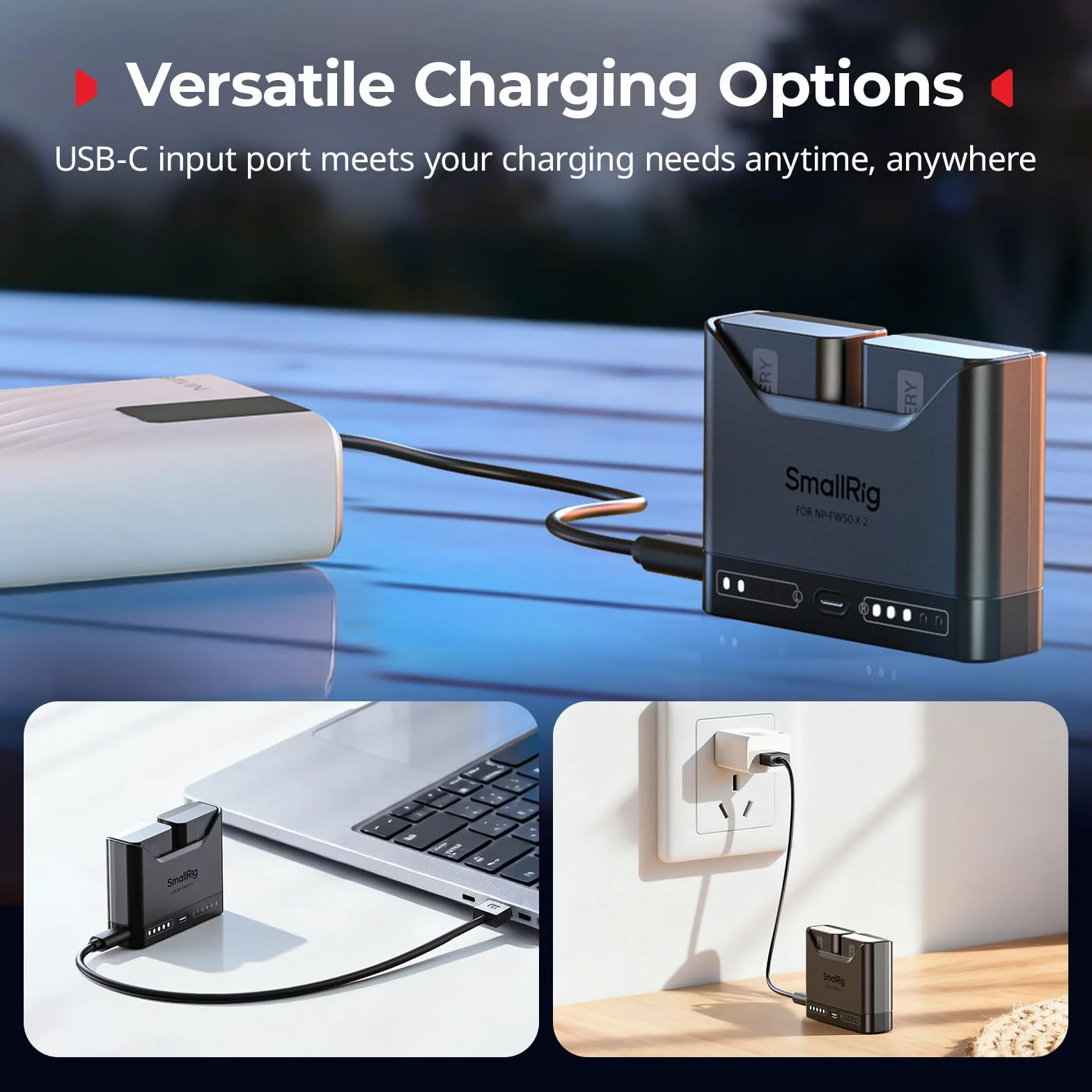 SMALLRIG Ładowarka akumulatorów NP-FW50 do Sony, 2-godzinna ładowarka z dwoma gniazdami i portem USB-C 11 W, w pełni kompatybilna z modelami A6000 A6100 A6300 A6400 ZV-E10 A7 A7S A7R A7SII A7RII -5493