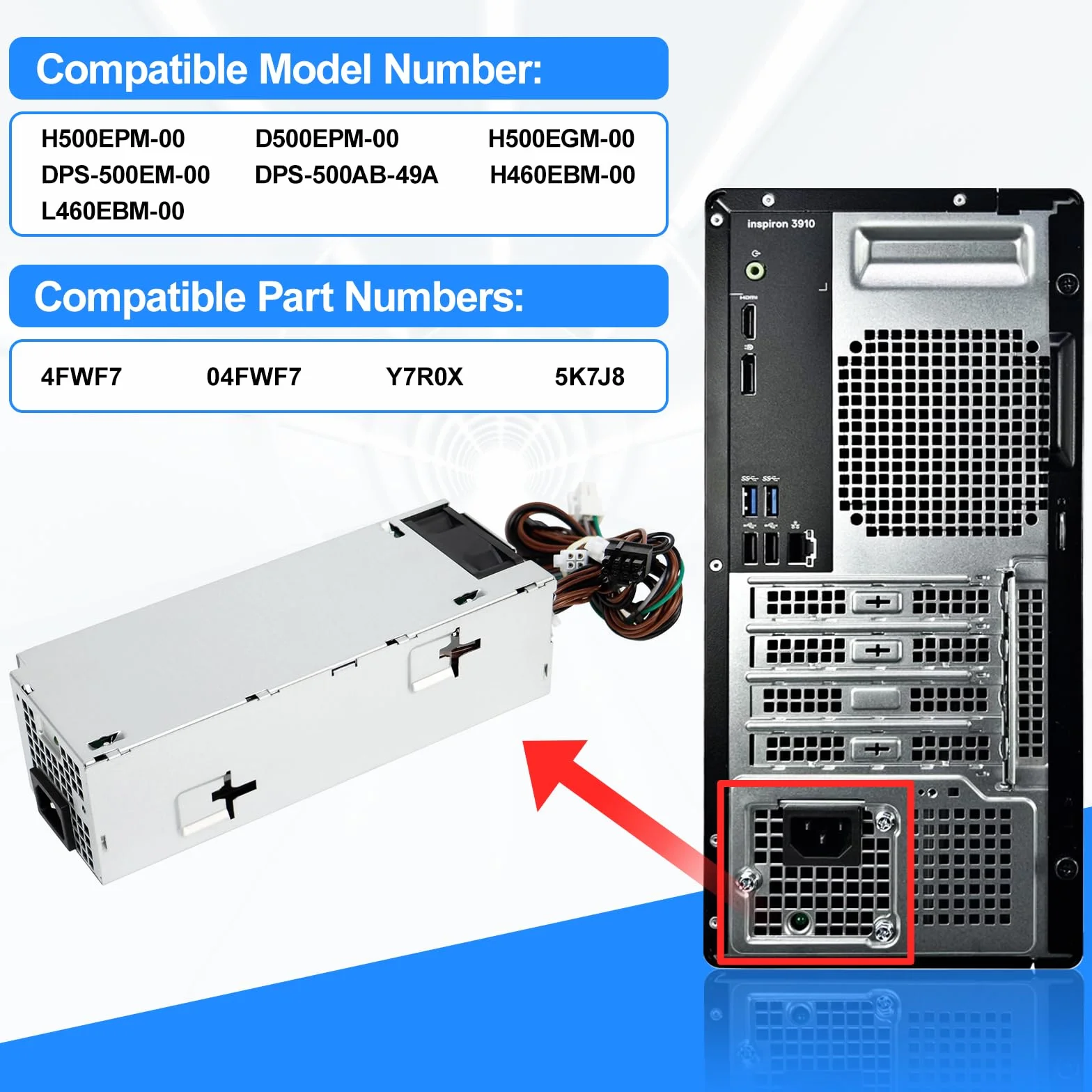 S-Union D500EPM-00 zasilacz 500 W kompatybilny z Dell Optiplex 7080MT 7070MT 7060MT 3050MT 3050 3080 3681 5060 5080 5090 7080 XPS 8940 MT 5K7J880 Y7R00 X H500EPM-00 H460EBM-00 zasilacz