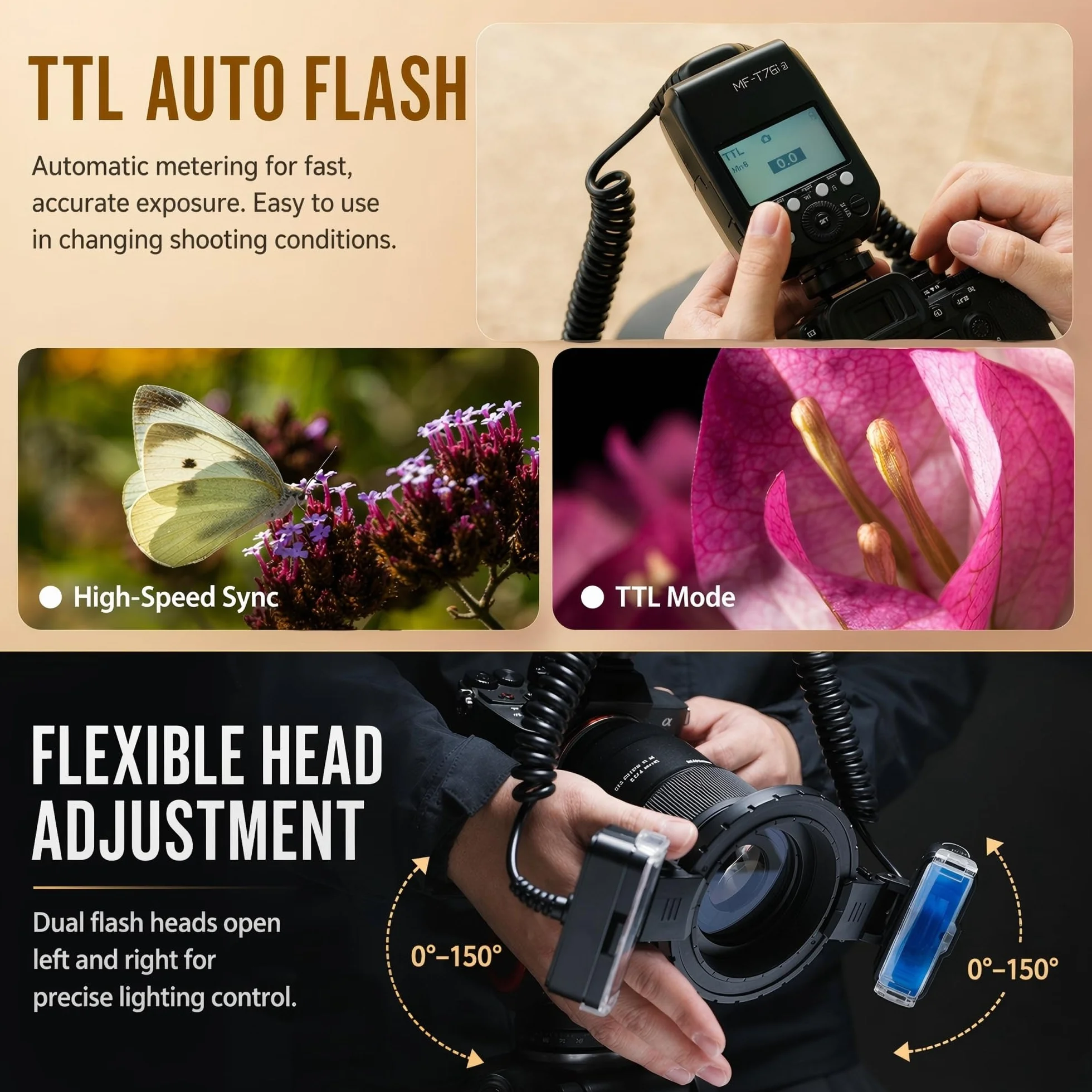 Godox MF-T76N TTL makro podwójna lampa błyskowa do Nikon, 76 W GN22,4 Twin Flash z regulowanymi podwójnymi głowicami, recykling 1,2 s, HSS, do fotografii makro, biżuterii, owadów i fotografii