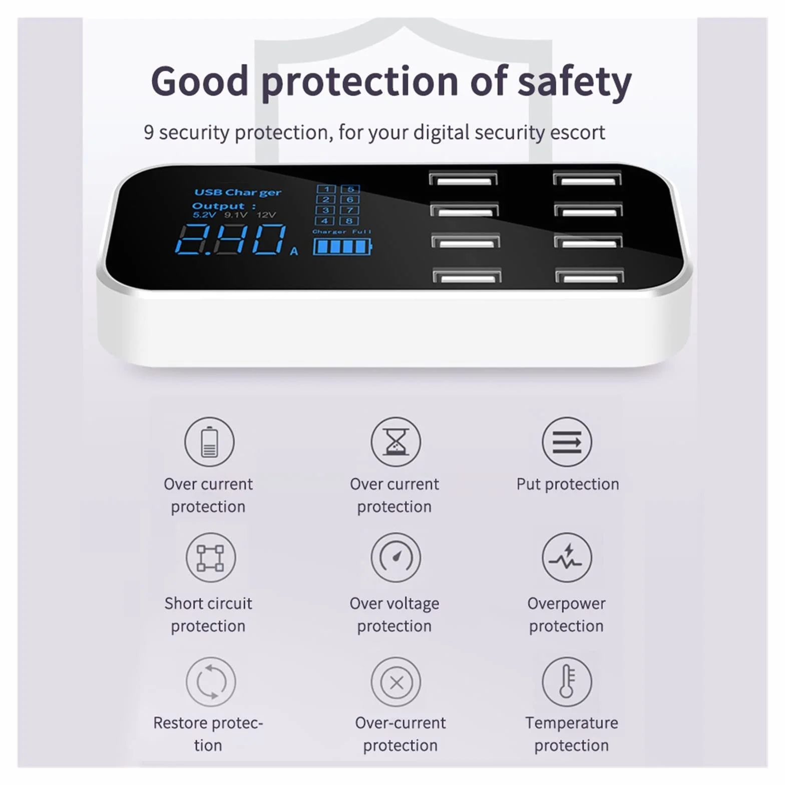 Szybka ładowarka samochodowa Auto 8-portowy wyświetlacz LCD Multi USB Ładowarka do telefonu 12V Ładowarka USB Hub do tabletów telefonicznych GPS DVR Przenośna konstrukcja
