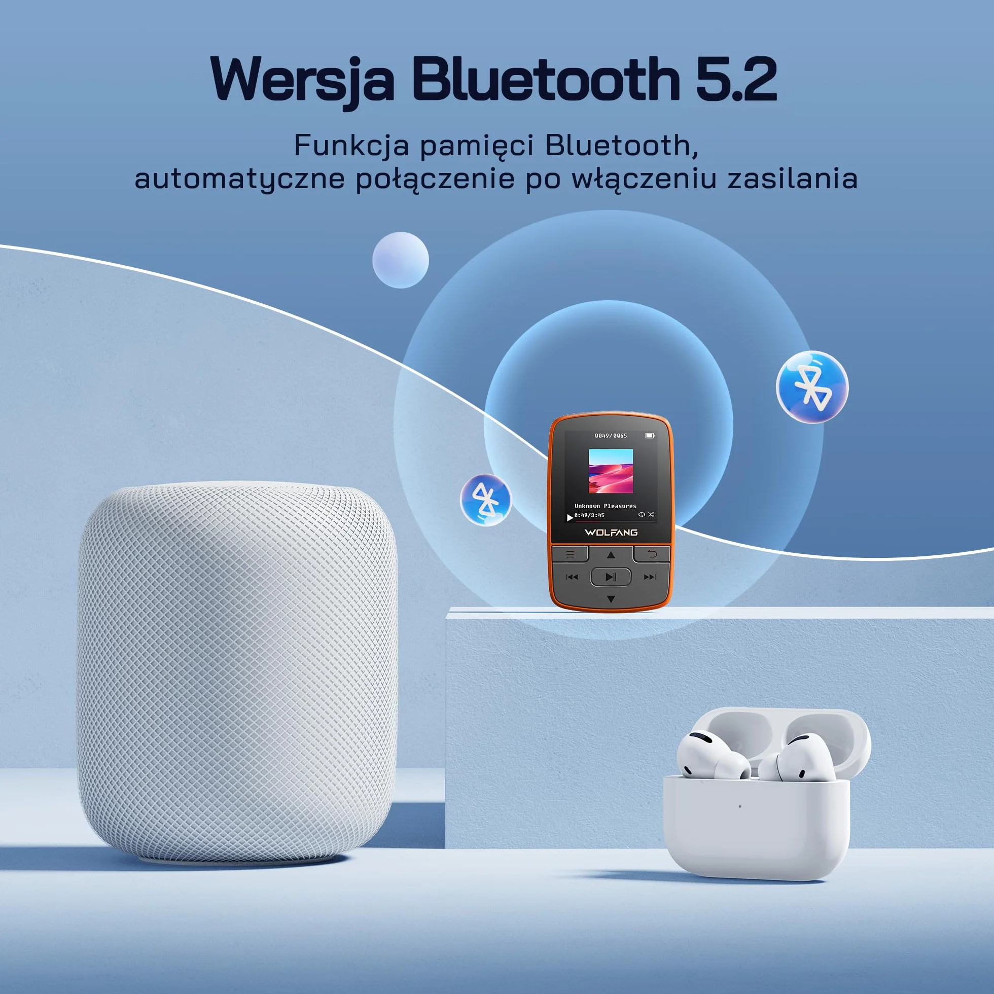 WOLFANG Odtwarzacze MP3 z Bluetooth 5.2, klips sportowy, mini rozmiar, waga 28 g, radio FM HiF, dyktafon, słuchawki w zestawie, pomarańczowe
