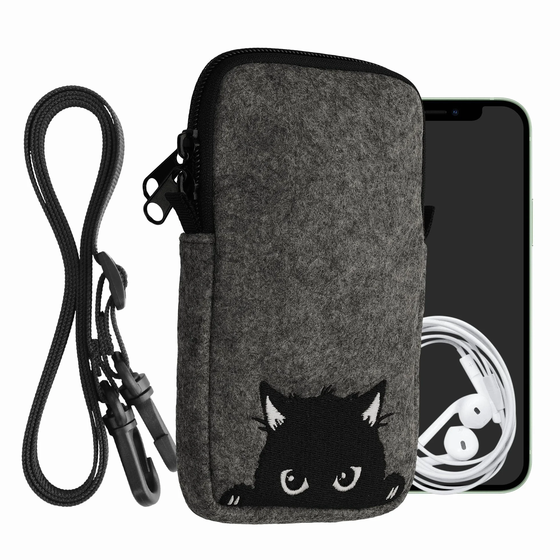kwmobile Filcowa torba na telefon z wzorem L - 6,5 cala - uchwyt na pasek 16,5 x 8,9 cm - ciekawy kot szary/czarny