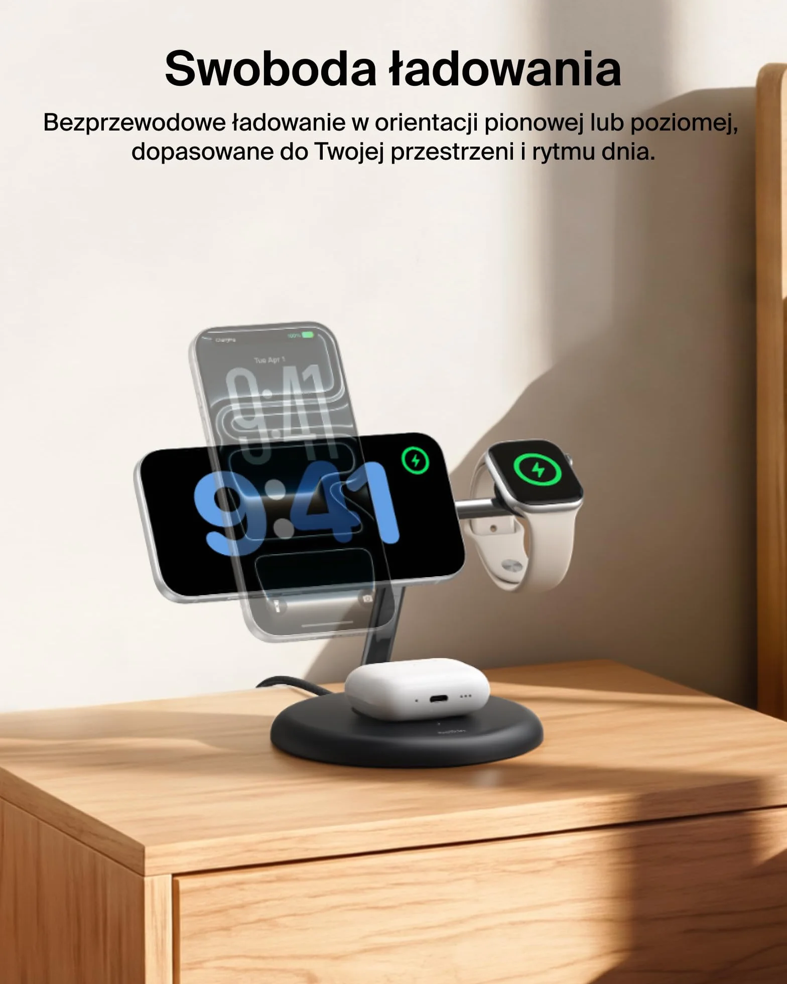 Belkin UltraCharge Bezprzewodowa Stacja Ładująca 3 w 1 z Qi2, 25 W – Czarna | Zgodna z MagSafe Ładowarka do Urządzeń iPhone, Apple Watch i Słuchawek, Certyfikat Qi2.2, z Kablem USB-C i Zasilaczem 45 W