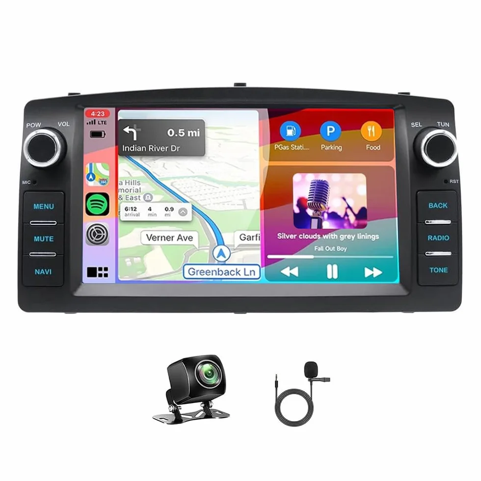 4+64G Android Double Din Radio dla Toyoty Corolla 2000-2006 z bezprzewodowym Carplay Android Auto, 7-calowym ekranem dotykowym, nawigacją Bluetooth, kamerą cofania AHD, GPS, WiFi, FM RDS SWC