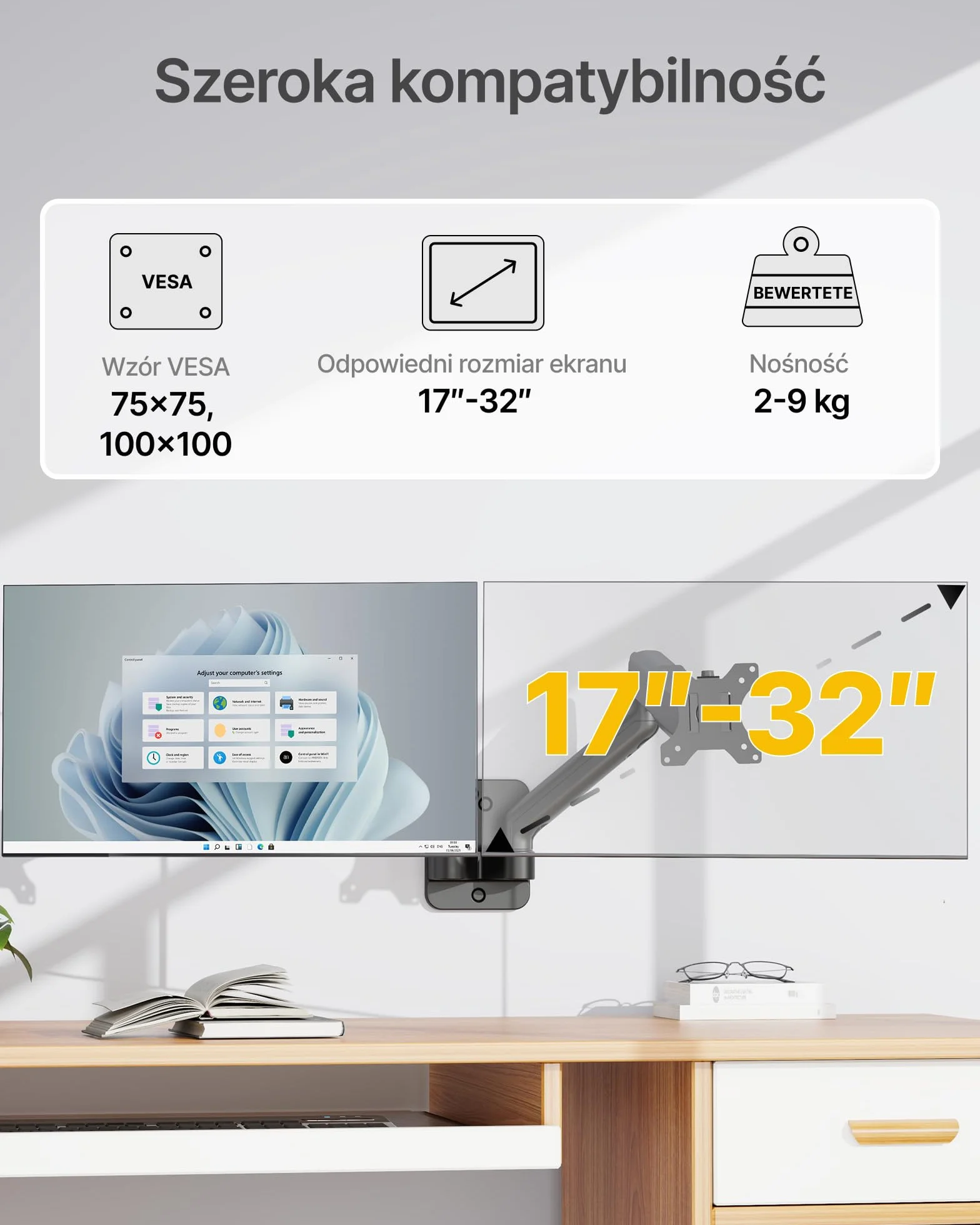 monTEK Podwójny uchwyt ścienny do monitora od 17 do 32 cali, każdy do 9 kg | 75 x 75/100 x 100 VESA uchwyt ścienny, na płaski/zakrzywione ekrany, w pełni ruchomy uchwyt monitora, czarny