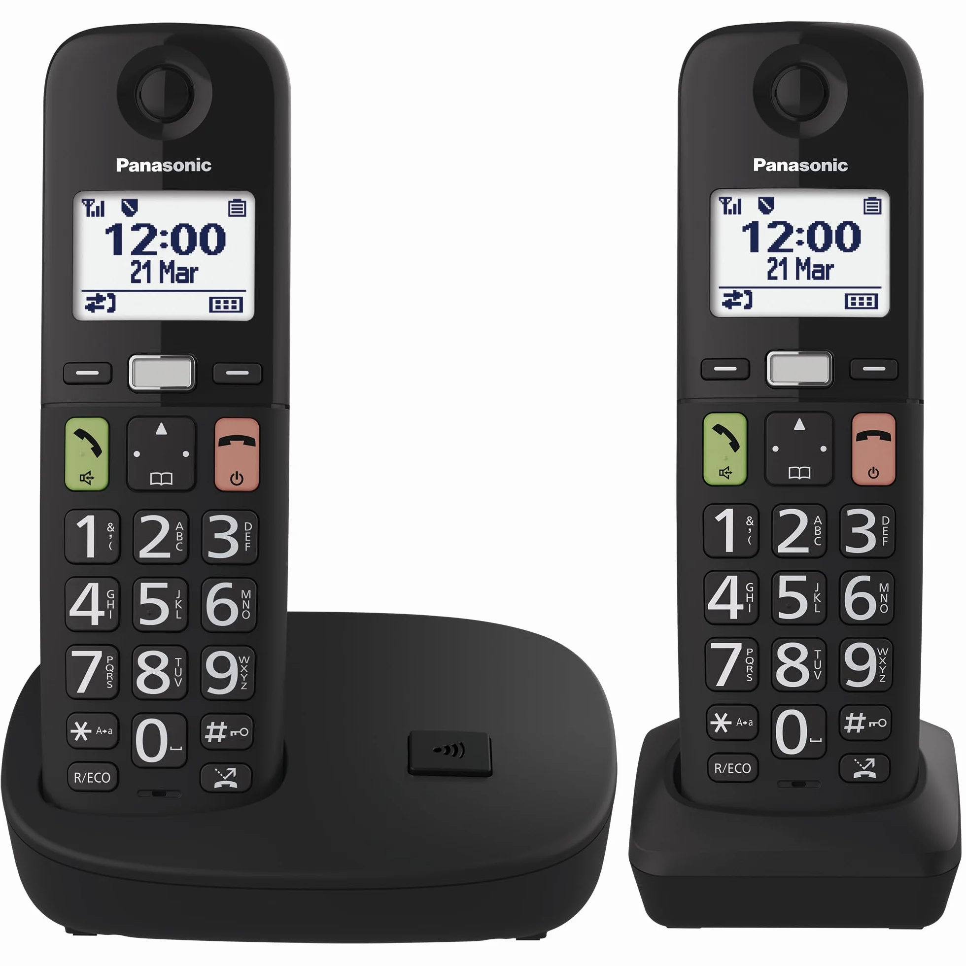Panasonic KX-TGU112EXB Bezprzewodowy telefon cyfrowy z automatyczną sekretarką, jednostką podstawową i 2 słuchawkami, wyświetlaczem LCD, dużymi klawiszami, ulubionymi połączeniami, kompatybilny z