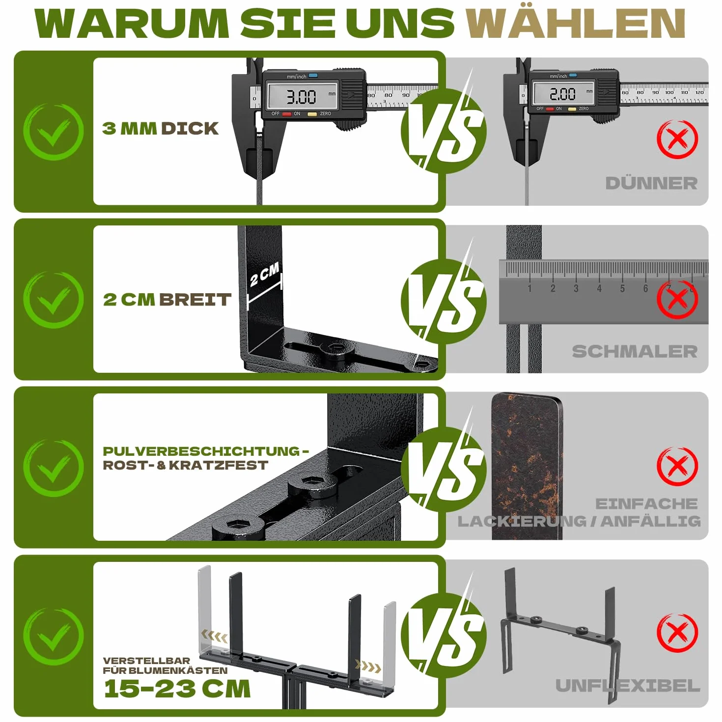 2 wsporniki do skrzynek na kwiaty w kształcie litery H, uchwyt na skrzynkę balkonową, bez wiercenia, odpowiednie do balustrad balkonowych od 1,5 do 32 cm i skrzynek na kwiaty 15-23 cm, wsporniki