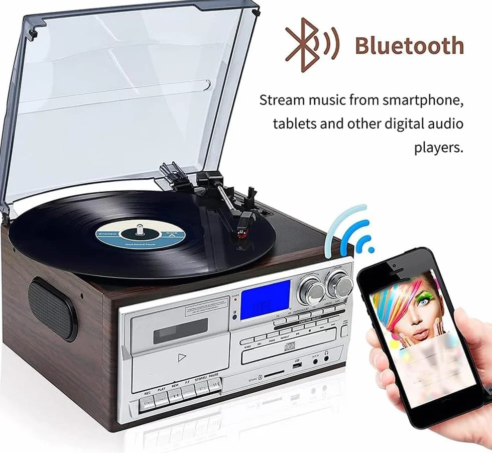 Odtwarzacz płyt winylowych, gramofon Bluetooth z wbudowanymi głośnikami, 3-biegowy odtwarzacz wieloformatowy, kompatybilny z CD i kasetami, mniej hałasu, matowa osłona przeciwpyłowa