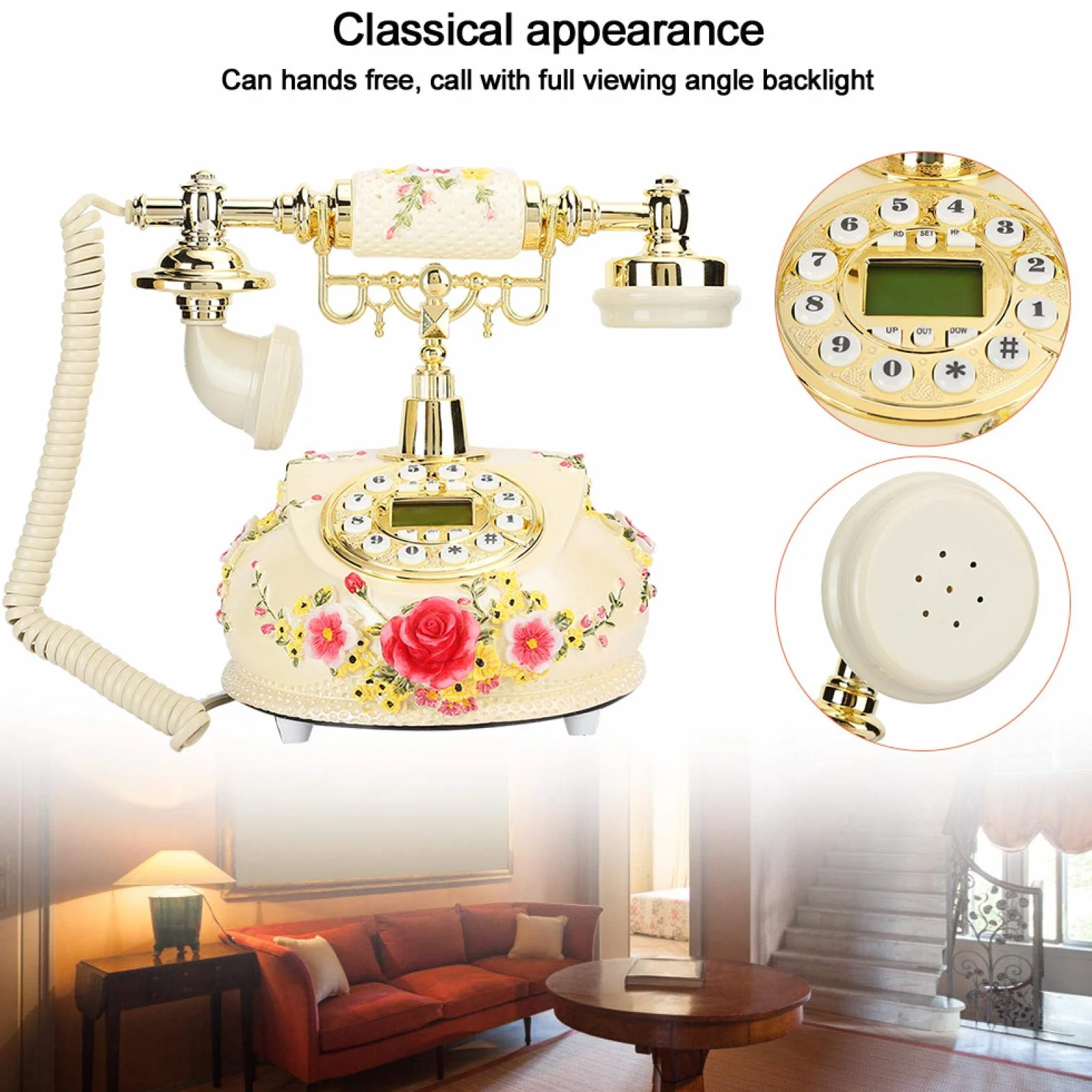 Telefon w stylu retro vintage, klasyczny telefon biurkowy w stylu retro pasterskim z klasycznym metalowym dzwonkiem, przewodowy telefon stacjonarny z wyświetlaczem LCD do domu, biura, hotelu, galerii