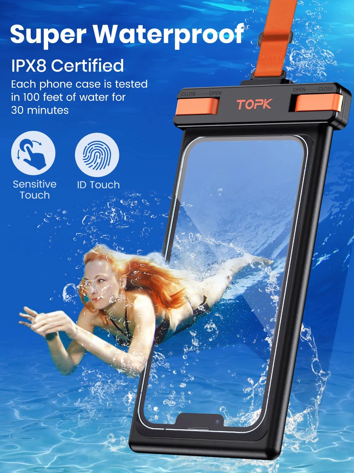 TOPK Wodoodporne etui na telefon, wodoodporność IPX8, kompatybilne z iPhone’em 14, 13, 12, 11, Pro, Max, Xs, Plus, Samsung Galaxy S22, kolor czarny, 2-pak