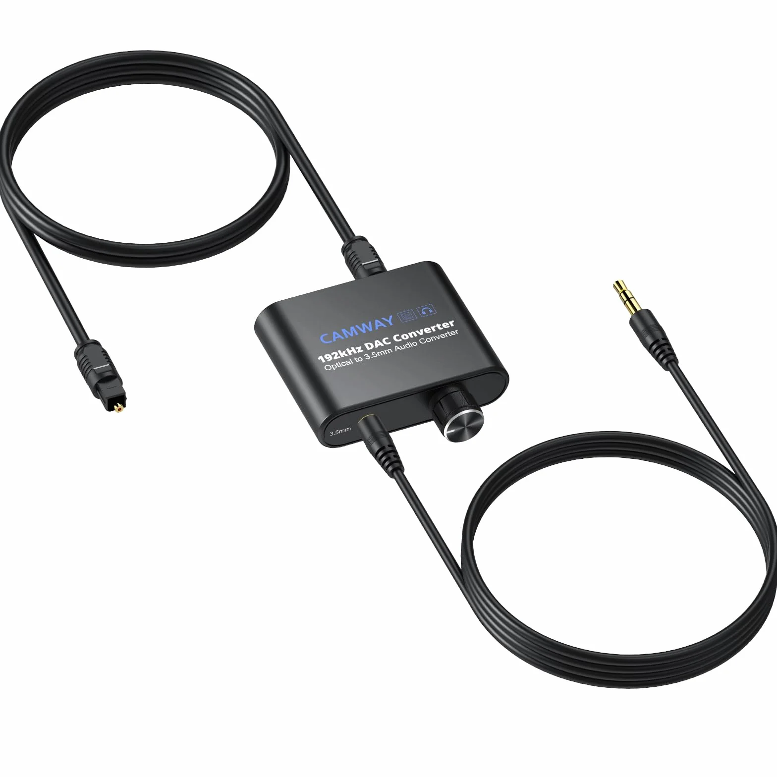 CAMWAY Konwerter DAC 192 kHz, SPDIF na 3,5 mm AUX, optyczny na 3,5 mm Toslink adapter audio z regulacją głośności, cyfrowo-analogowy konwerter audio do telewizora, słuchawek, głośników i innych