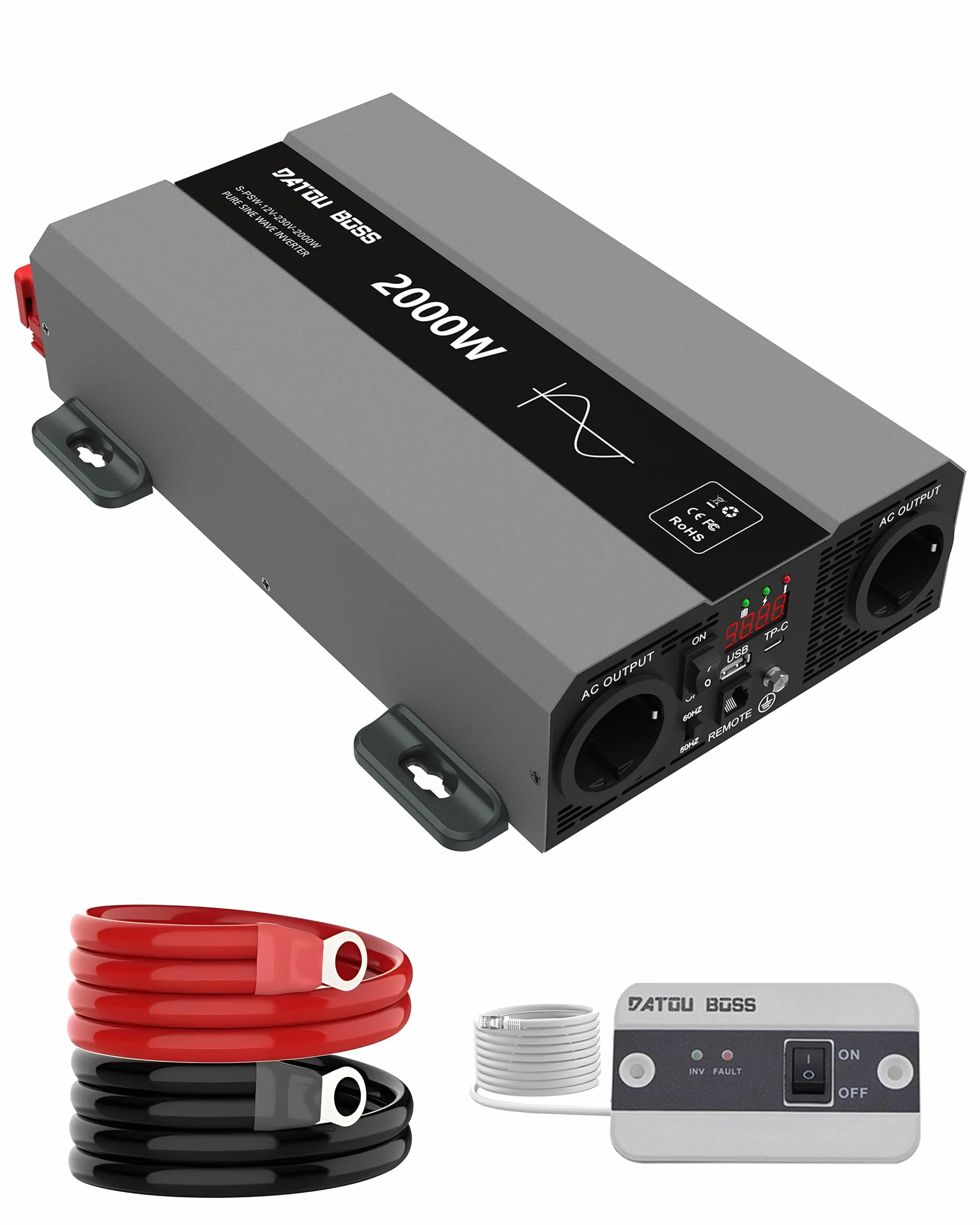 DATOUBOSS Przetwornica 12v 220v/230v Czysty Sinus 2000w, Konwerter Samochodowy Falownik Z 2 Gniazdami Eu, Wyjściem USB/USB-C I Wyświetlaczem LCD, Do Samochodów Kempingowych, Ciężarówek, Kempingów