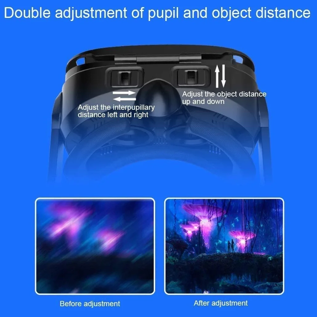 Zestaw słuchawkowy VR okulary 3D Virtual Reality VR niebieskie światło HD obiektyw VR zestaw zawiera gogle do rzeczywistości wirtualnej 3D, kontroler, regulowane okulary VR - kompatybilne z iPhone i Android z gamepadem