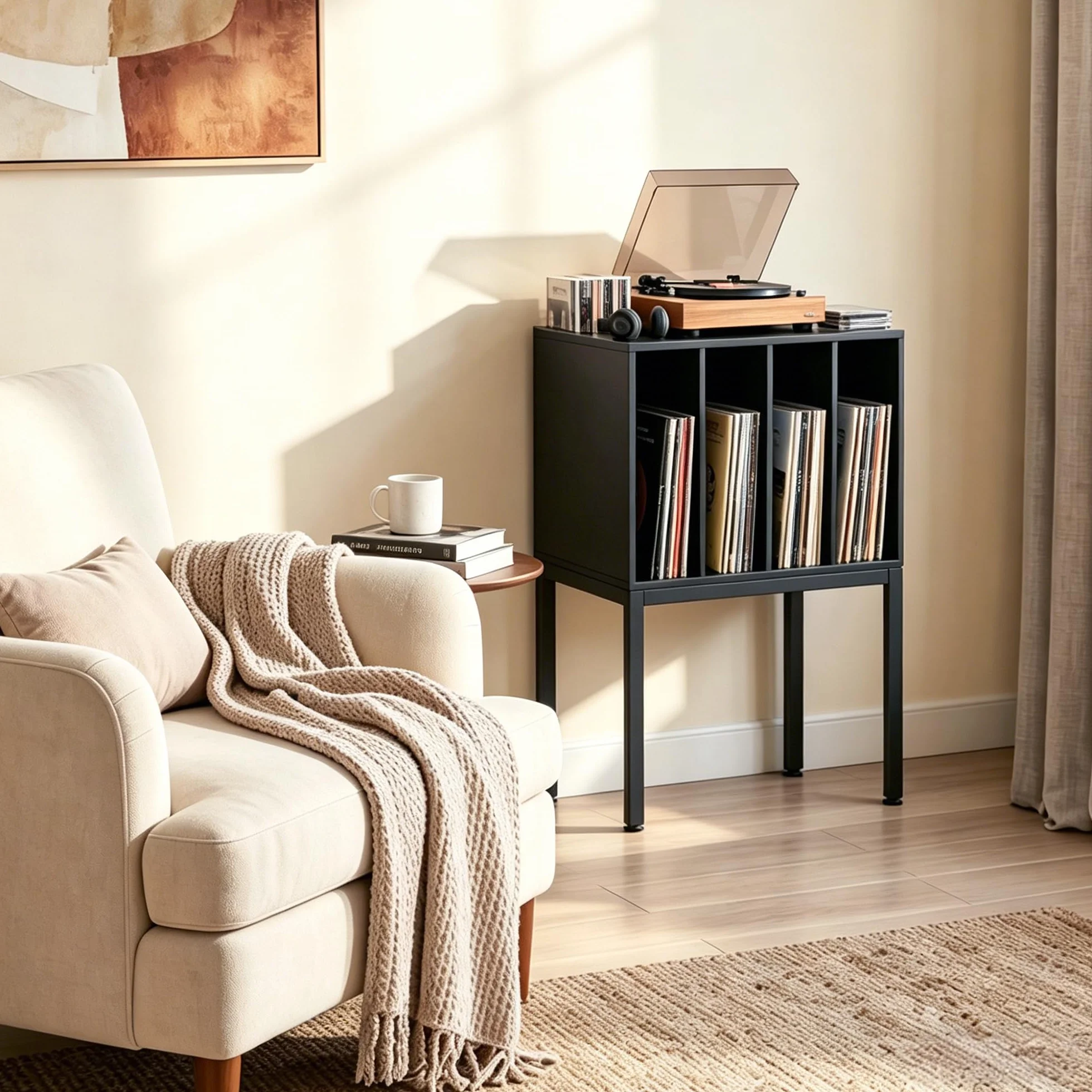 GIANTEX Stojak na gramofon ze stacją ładującą, regał na płyty gramofonowe z 4 przegródkami do przechowywania płyt gramofonowych, stół do gramofonu z metalowymi nogami, do salonu, pokoju muzycznego