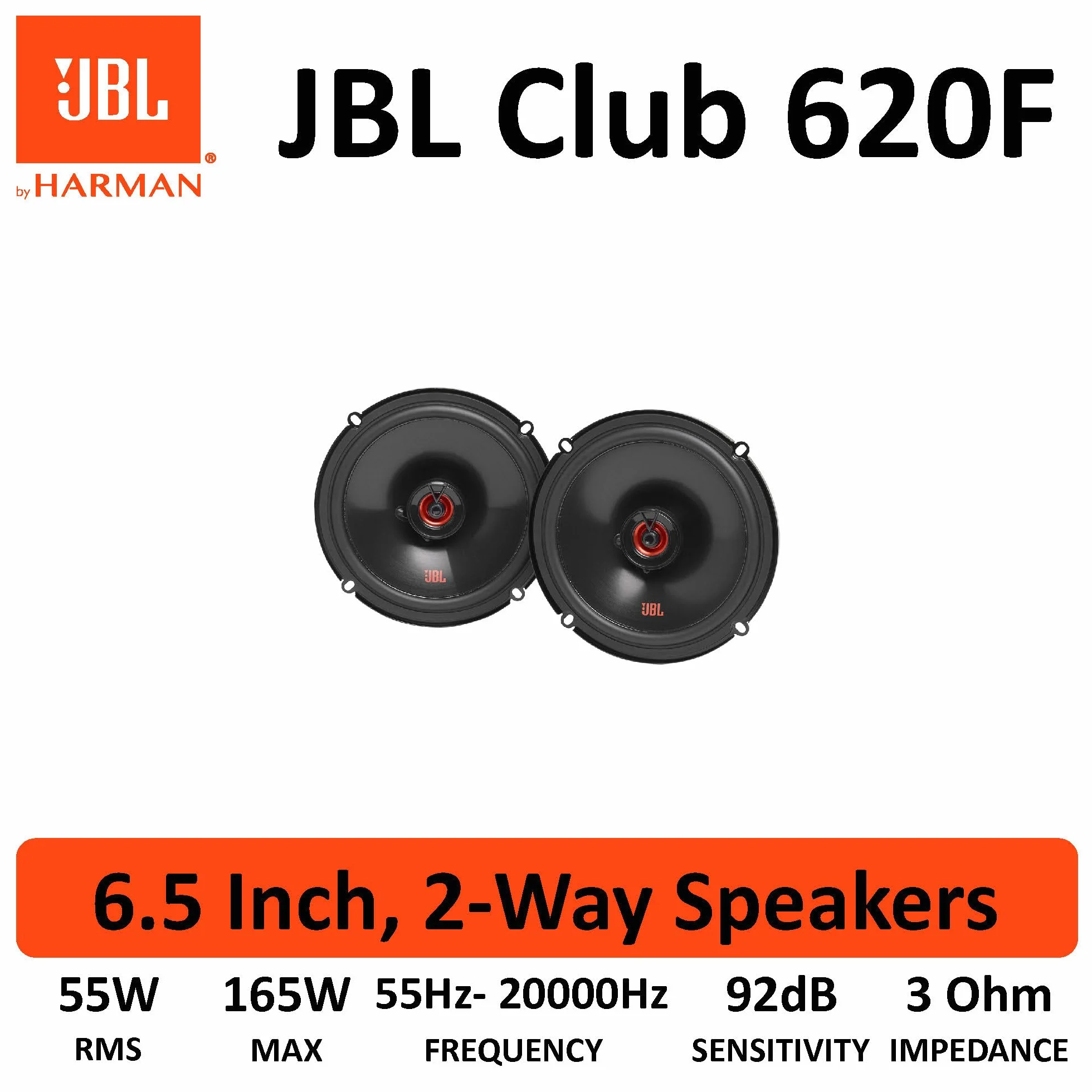 JBL Club 620F 2-drożny zestaw głośników samochodowych Harman Kardon – 180 W głośniki samochodowe do montażu na płasko – 2 sztuki Car HiFi Box duży 16-17 cm – 6,5 cala – bez osłony grilla