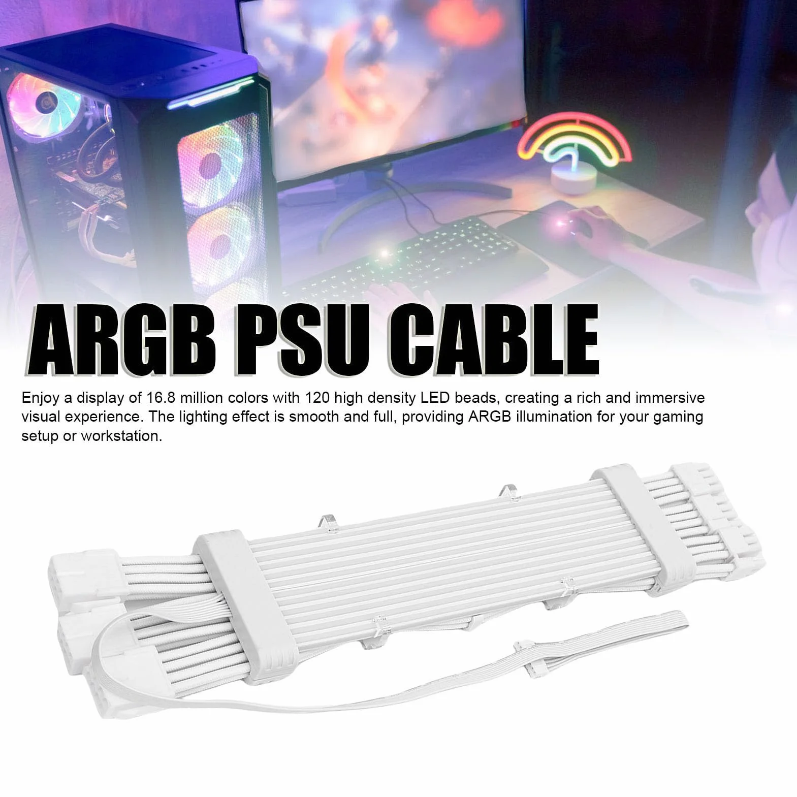 Ejoyous Kabel Zasilacza ARGB Pleciony Silikonowy Przedłużacz Zasilacza RGB 3 X 8 Pinów 120 LED Dwustronne Oświetlenie Elastyczna Konstrukcja do Obudowy Komputera do Gier Konstrukcja GPU (Kontroler