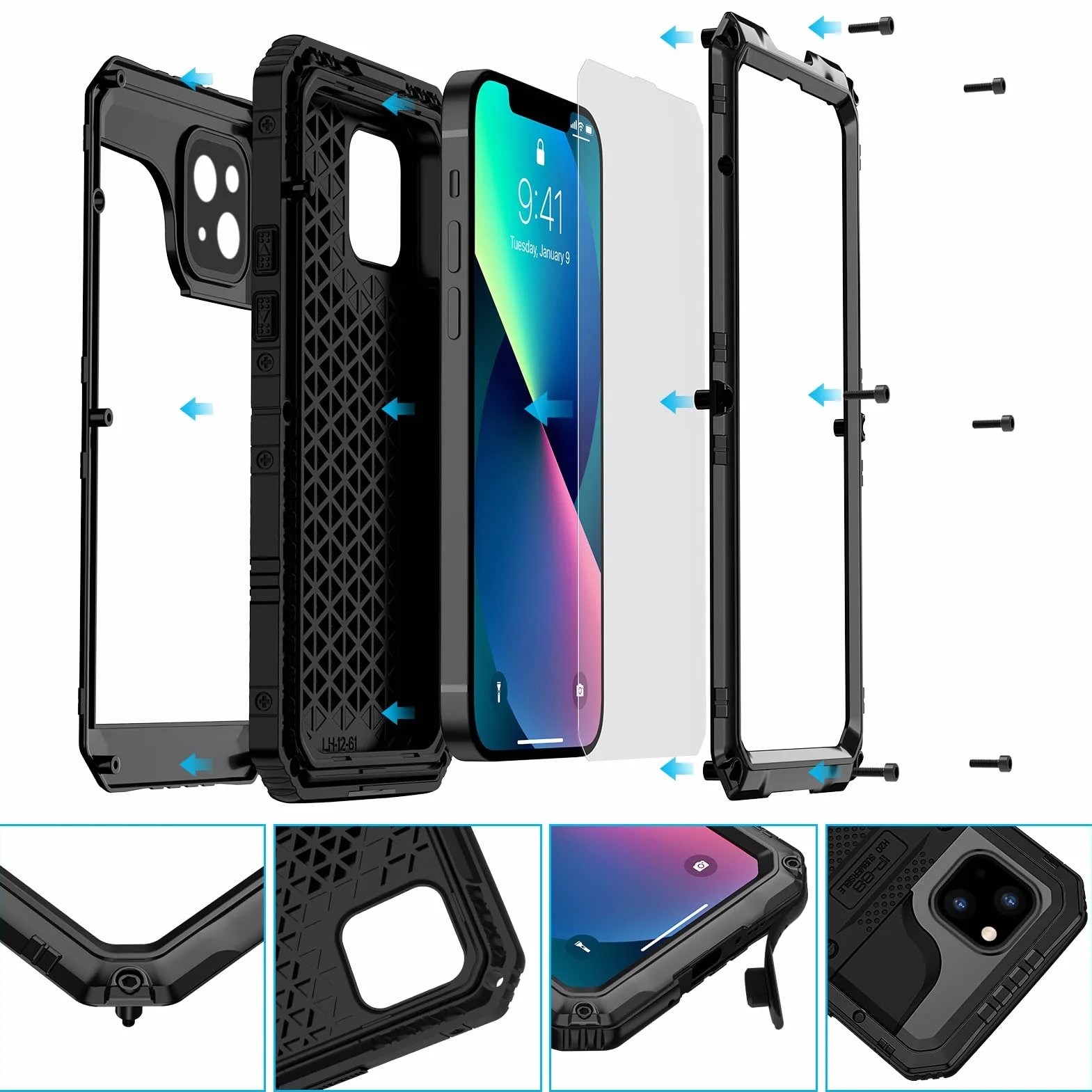 seacosmo Wodoodporne Etui Kompatybilne z iPhone 13 IP68, Wojskowa Ochrona Przeciwupadkowa 360°, Wzmocnione Etui Odporne na Wstrząsy Typu Heavy Duty do iPhone 13, Czarny