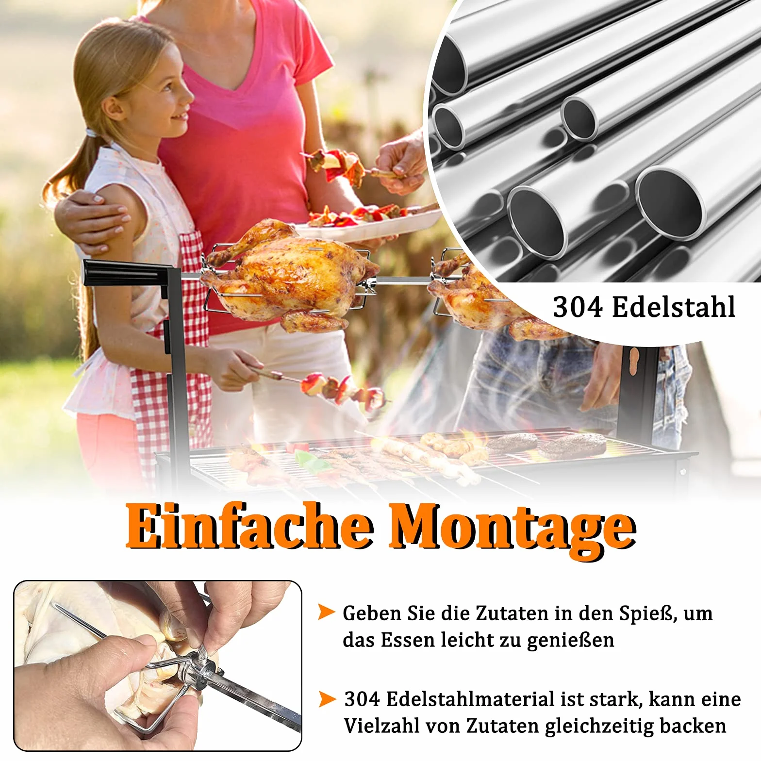 Rotisserie rożen do grilla gazowego, 107 cm, ze stali nierdzewnej, z 4 igłami do mięsa, uniwersalne zastosowanie, silnik elektryczny 220 V – 240 V, do grilla gazowego