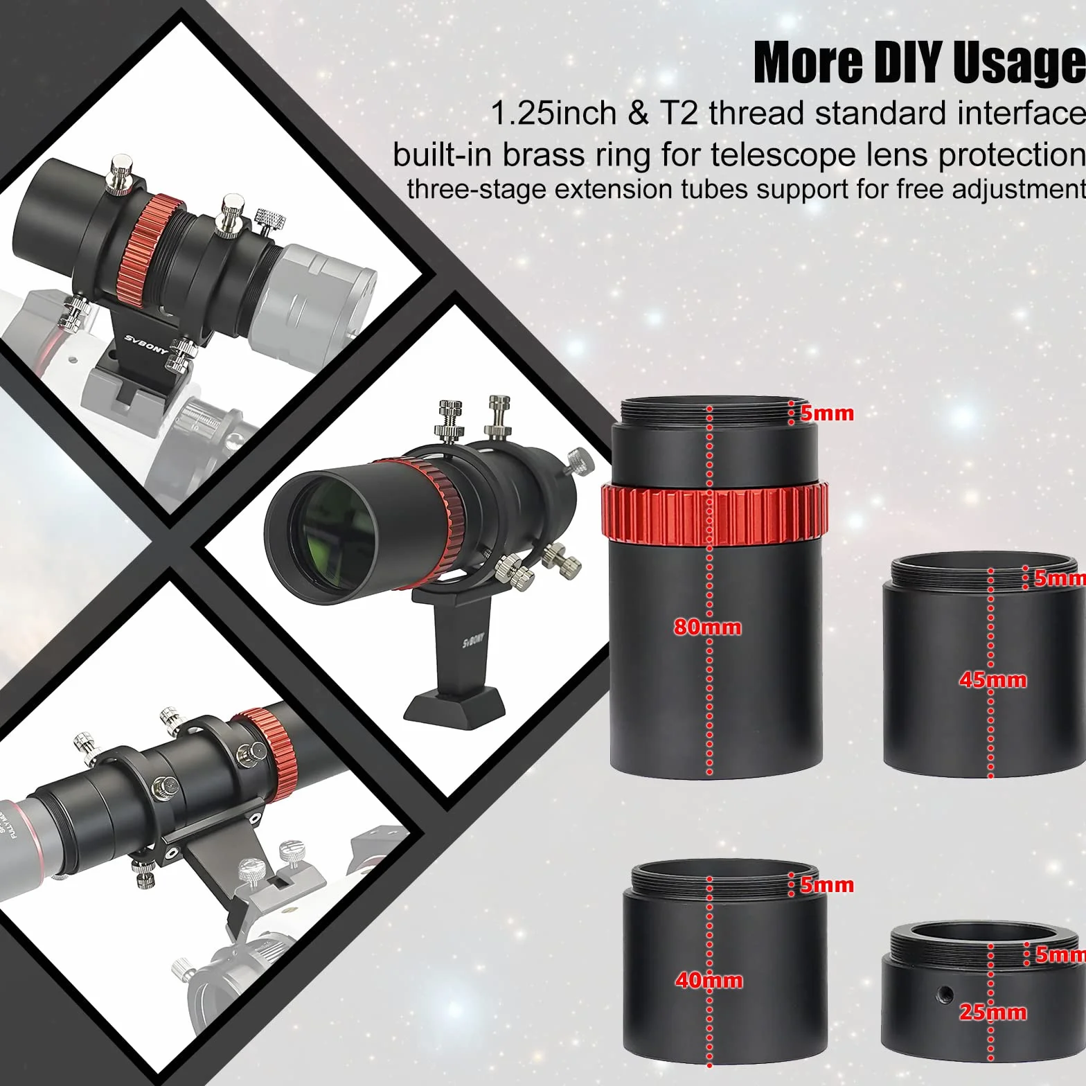 Svbony SV165 Mini Guide Scope 40F4, 1,25 Cala Powłoka FMC | ze Spiralnym Focuser Wyrównanie Współosiowe Regulowane, Obróbka CNC ze Stopu, Kompatybilny z ZWO QHY Auto Guide Camera