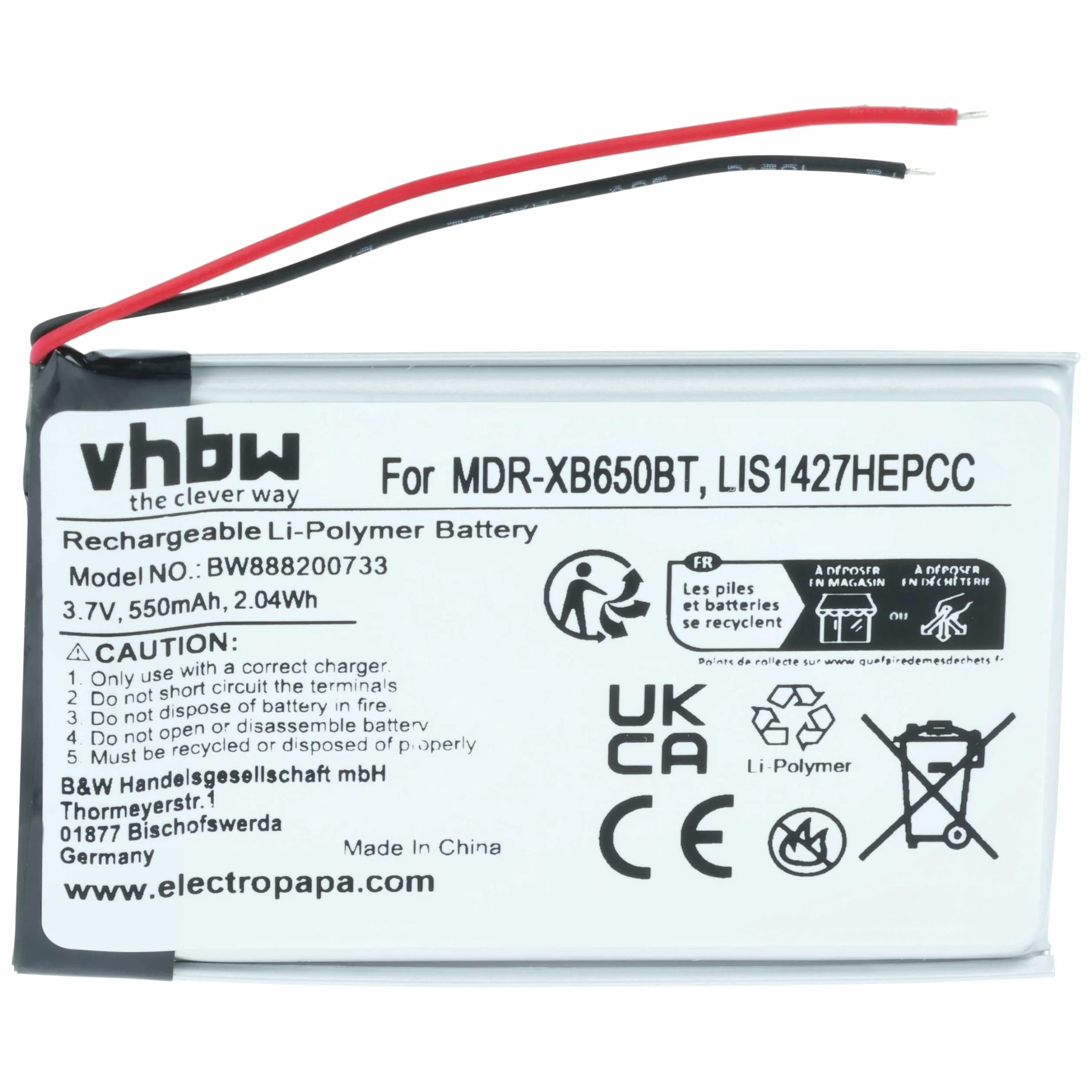 vhbw Bateria zamienna kompatybilna z bezprzewodowymi słuchawkami Sony NWZ-E463, NWZ-E464, NWZ-S764 (550 mAh, 3,7 V, litowo-polimerowy)
