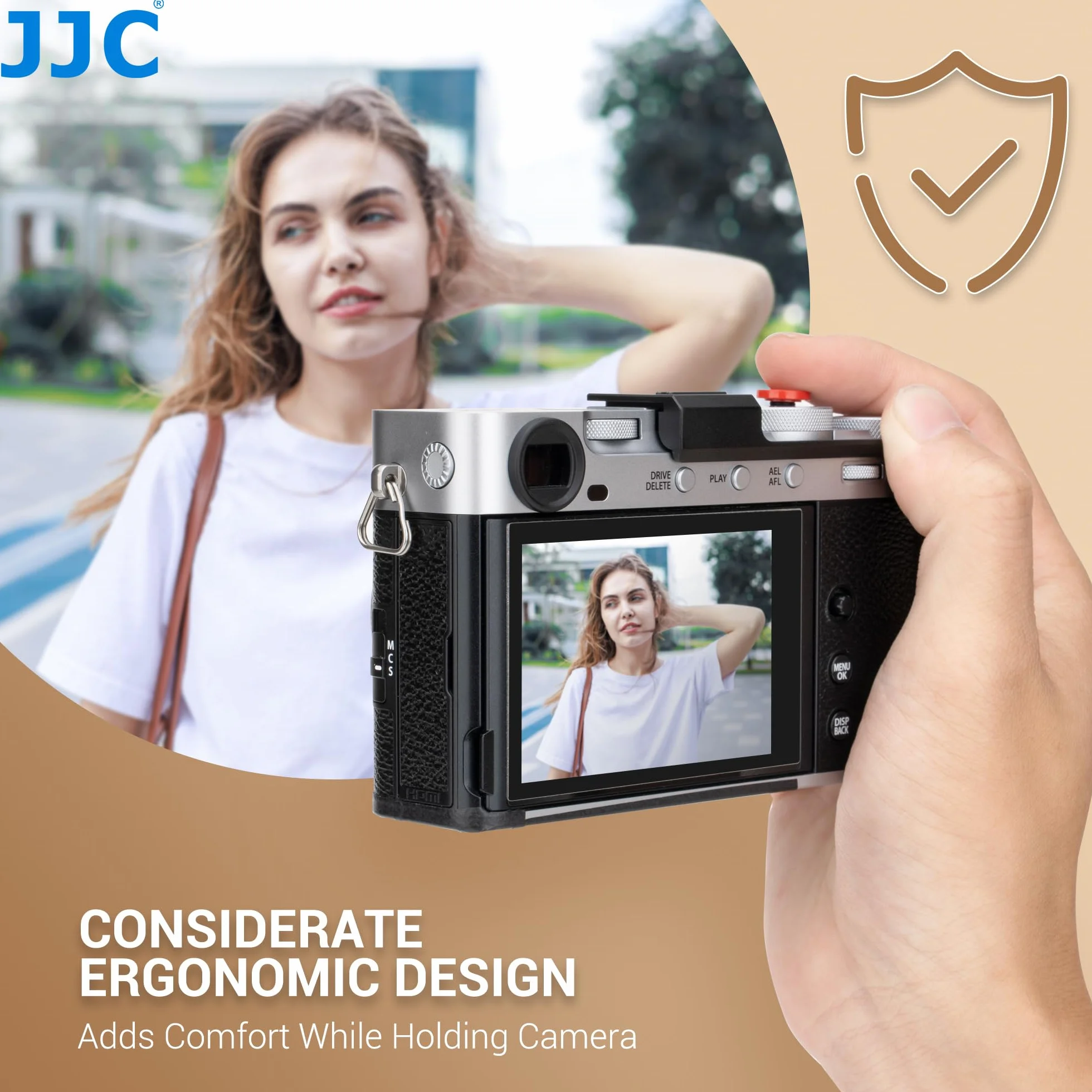 JJC Metalowa osłona stopki Full Cover Thumb Up Grip z przyciskiem migawki kompatybilna z aparatami Fujifilm X-E5, XE5, silikonowe wkładki Thumb Hand Grip przeciwpyłowe i antypoślizgowe, srebrne