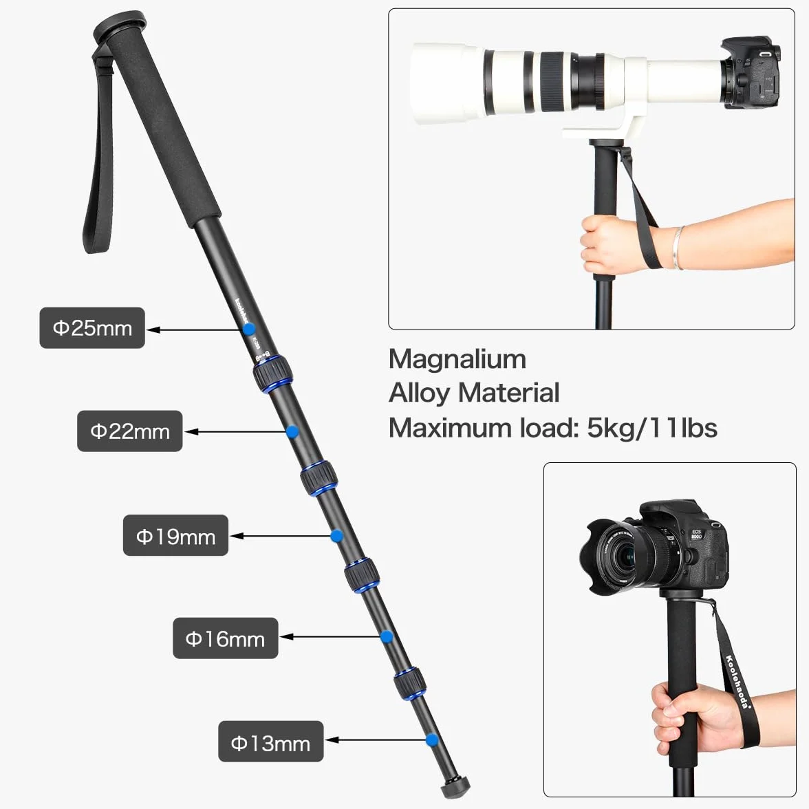 Koolehaoda K-288 Monopod ze zdejmowaną podstawą statywu, stop aluminium 5-sekcyjny, wysokość 50 cm-168 cm, maksymalny udźwig 5 kg do fotografii podróżniczej