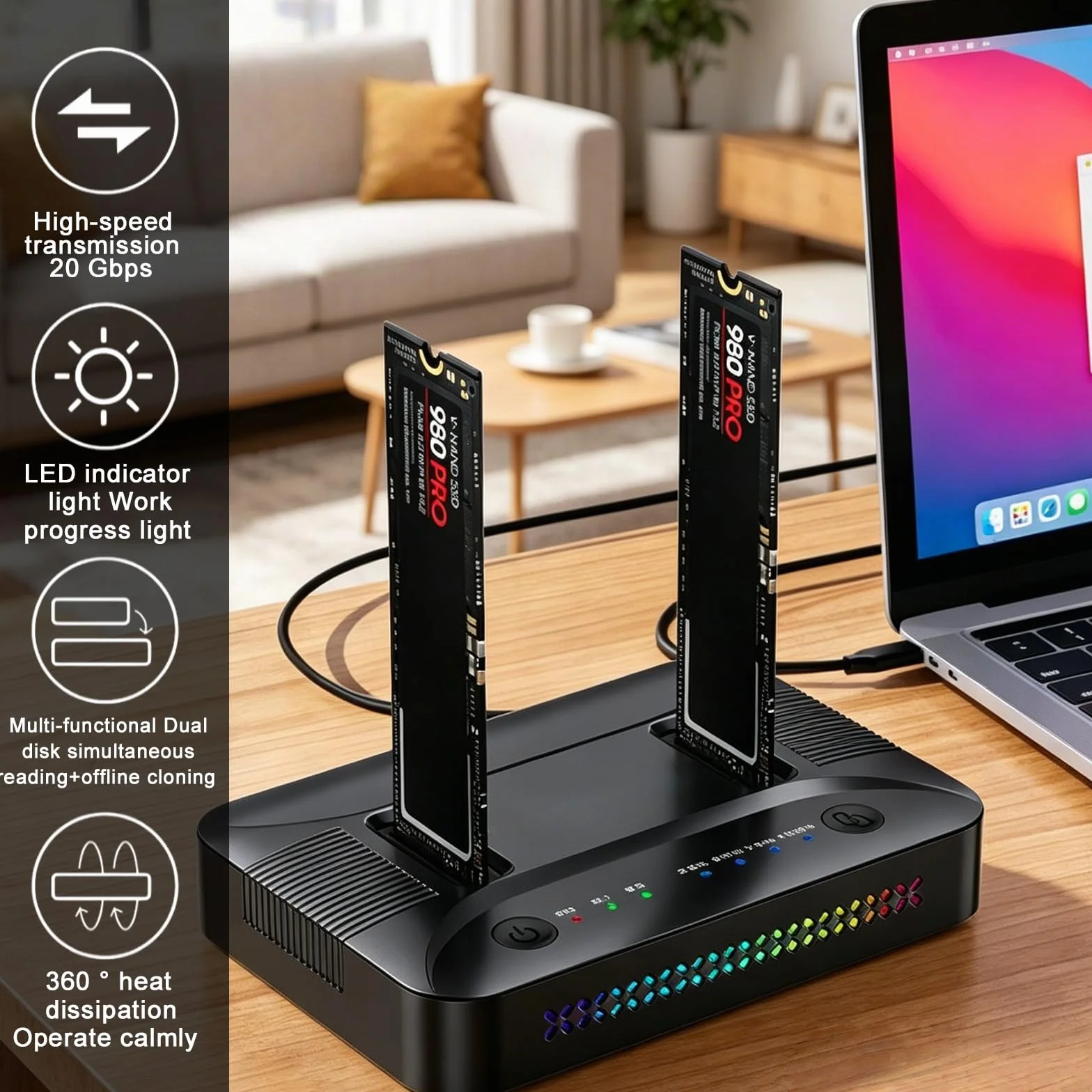 M.2 NVMe SATA SSD Clone Dock, USB 3.2 Gen 2 x 2 20 Gbps Dual Bay M2 NVMe SSD obudowa Docking Station Reader Duplicator z klonowaniem offline dyski twarde, stacja dokująca Clone Station do 2230/2242