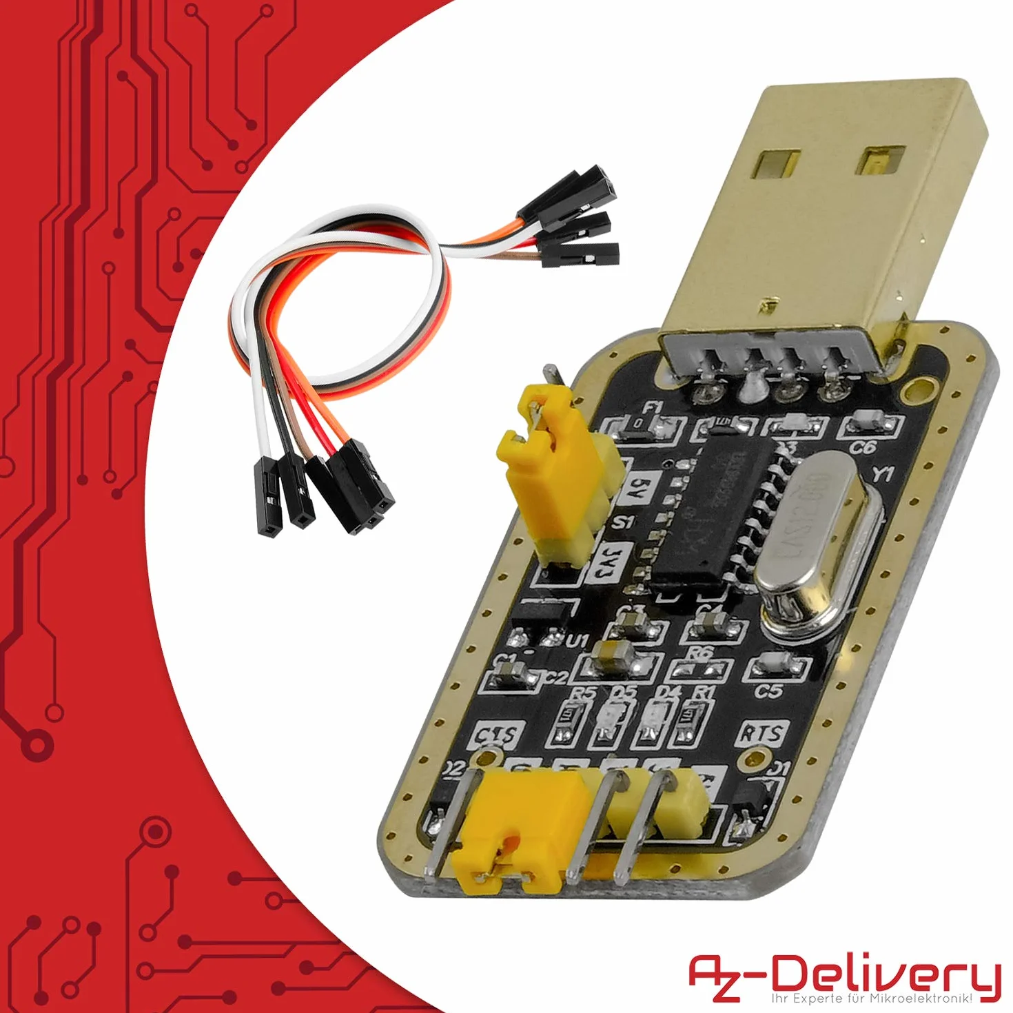 AZDelivery 5 x UART-TTL USB Adapter z konwerterem CH340G dla 3.3V i 5V z kablem jumper kompatybilny z Arduino i E-book w zestawie!
