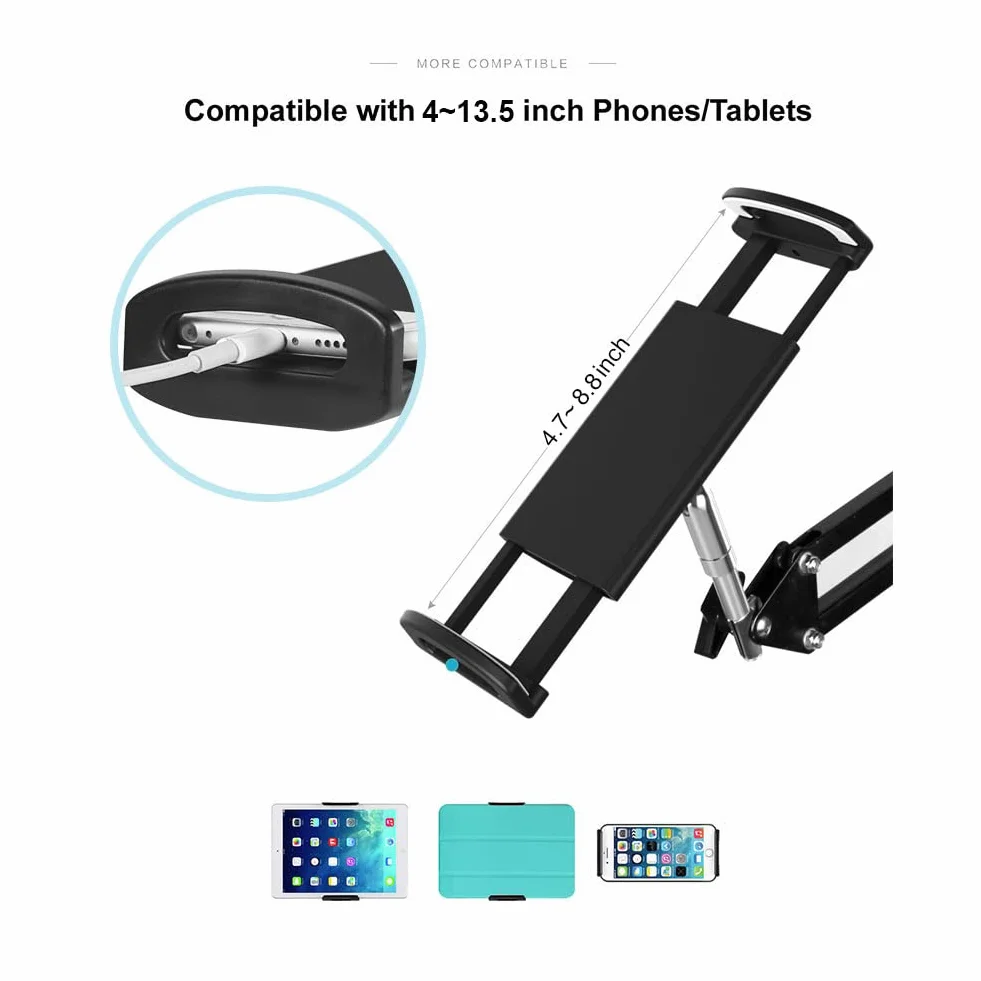 Wytrzymały metalowy uchwyt na telefon komórkowy/tablet, uniwersalny, obrót o 360°, gęsiej szyja, długie, elastyczne ramię (podłoga, 1,7 m, czarny-2)