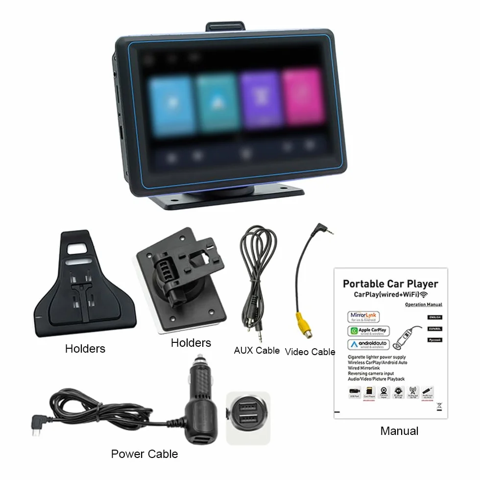 Przenośny samochodowy odbiornik stereo, odtwarzacz MP5 z 7-calowym ekranem dotykowym 720p, 12 światełek, kamera cofania, podwójny transmiter USB BT-5.0-FM, kompatybilny z Appleplay i Android