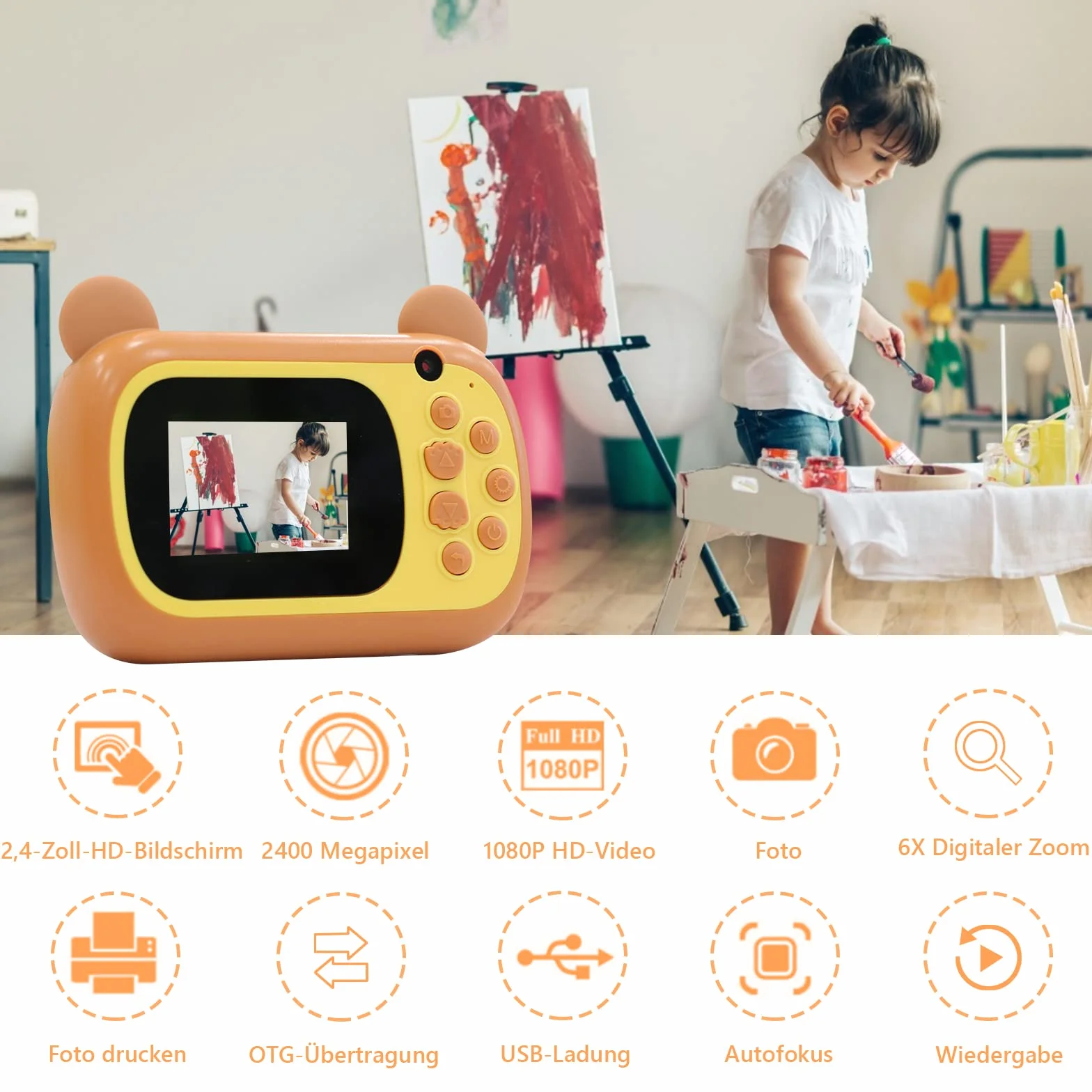 Aparat natychmiastowy dla dzieci, ekran LCD 6,1 cm, cyfrowy aparat dla dzieci, z 6-krotnym zoomem, podwójny obiektyw 24 MP, rejestrator wideo 1080p, prezent dla chłopców i dziewczynek (brązowy)