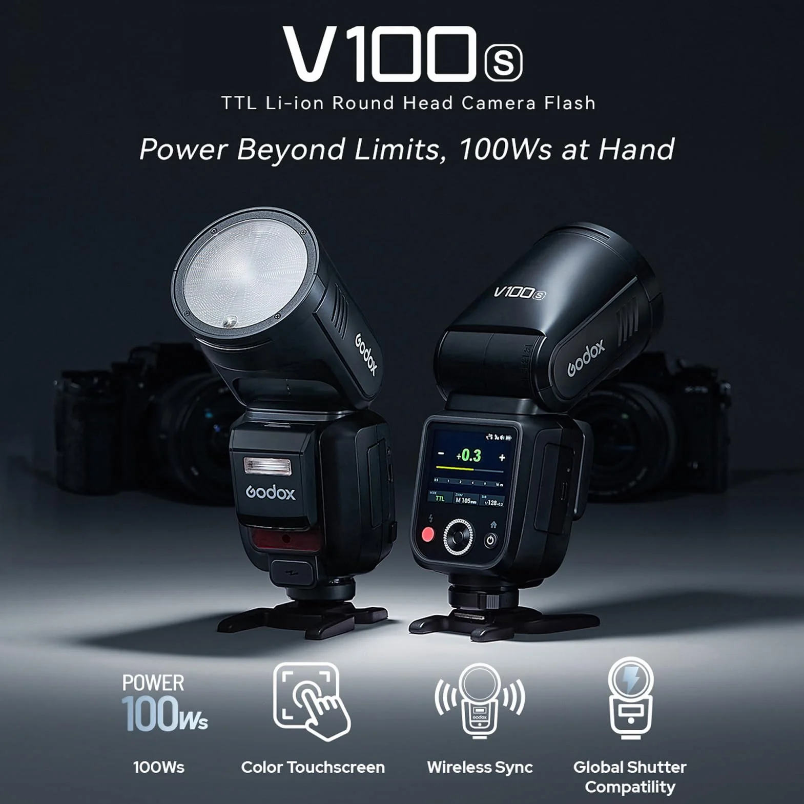 Godox V100S Bezprzewodowa lampa błyskowa 2,4 GHz, Speedlite z okrągłą głowicą 100 W, 1/8000 s HSS Flash, wbudowana lampa sterująca LED ze zdejmowaną lampą błyskową do aparatów Sony