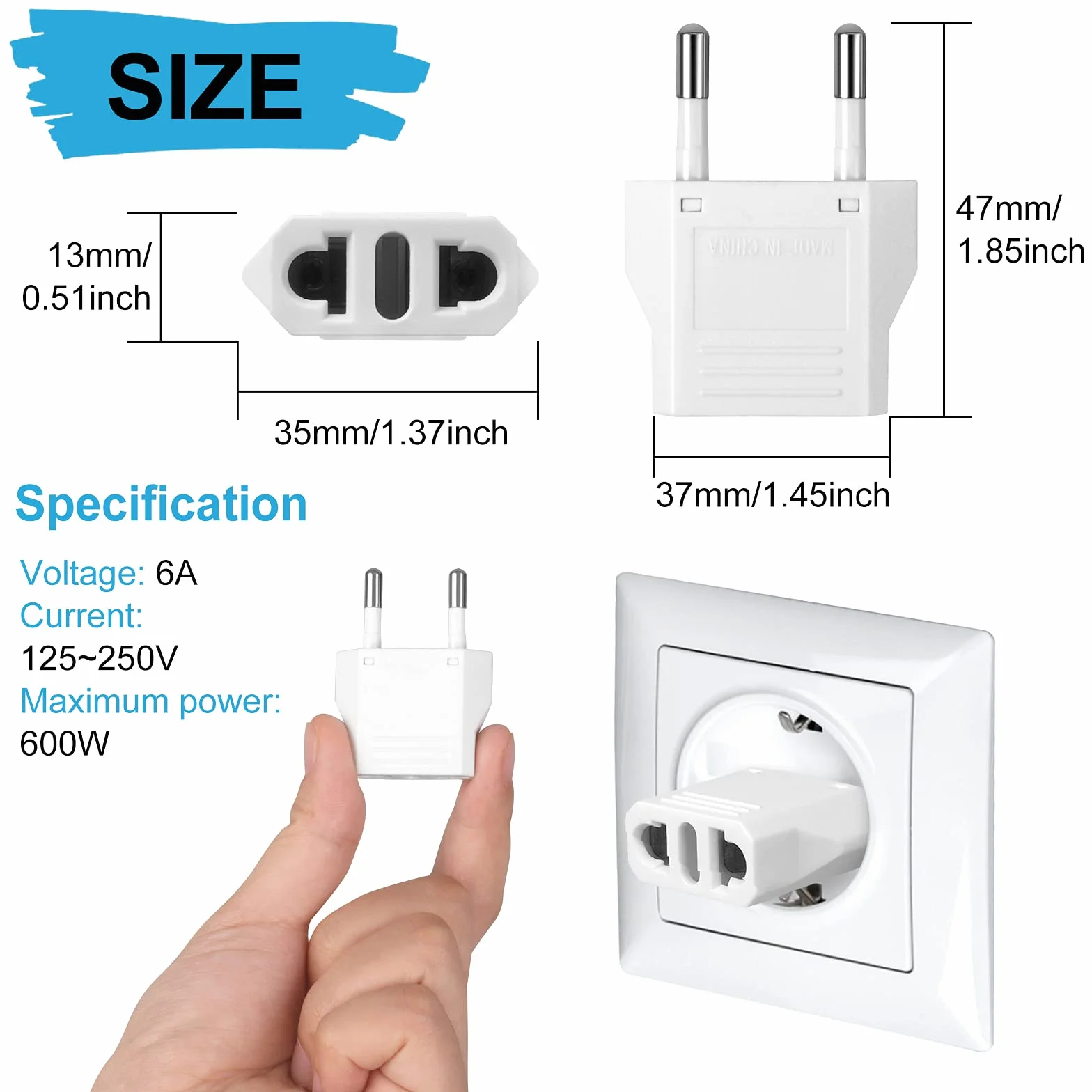 6 Pack US to Europe Plug Adapter - Type C European Travel Adapter, Wall Plug Power Converter for Europe (White)