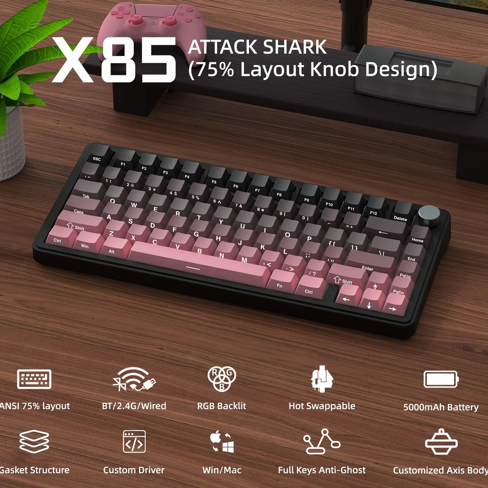 ATTACK SHARK X85 Uszczelka Klawiatura mechaniczna z pokrętłem, bezprzewodowa klawiatura do gier w trybie 75% (BT5.0/2.4G/USB-C) i pięciowarstwowa wyściółka, RGB, 5000 mAh, nadruk z boku (Fioletowy)