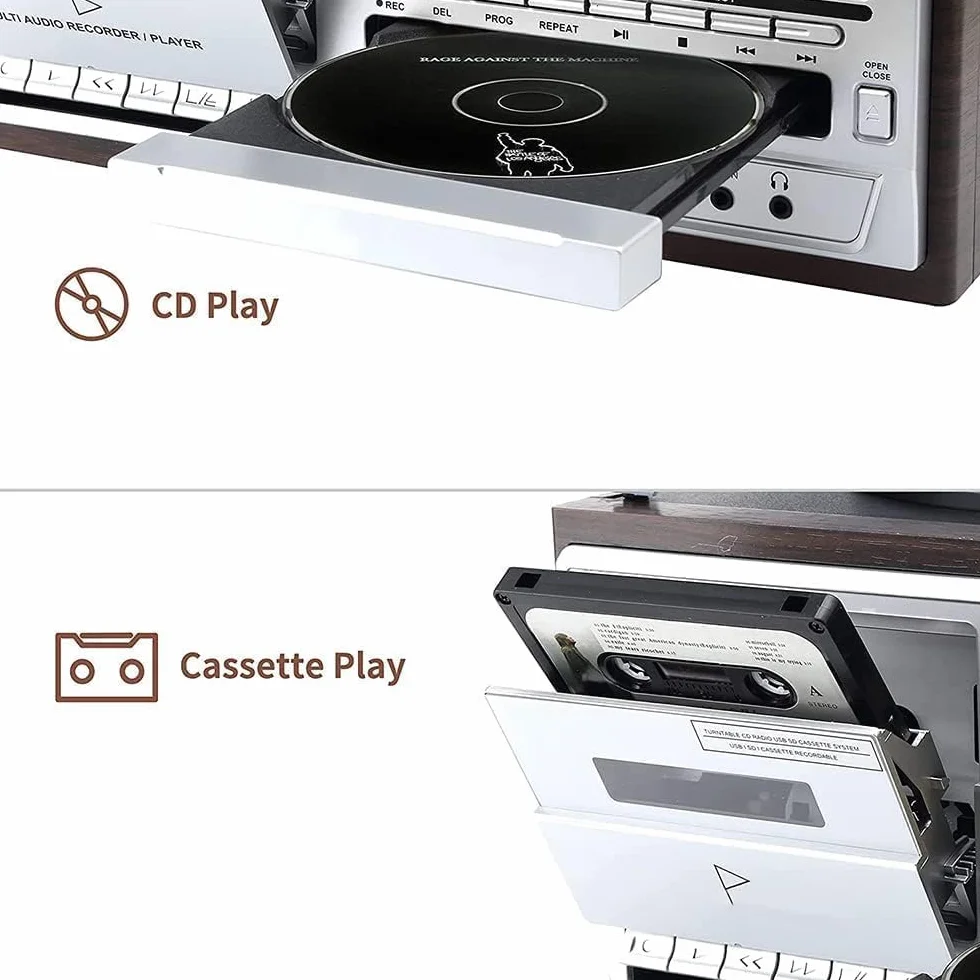 Odtwarzacz płyt winylowych, gramofon Bluetooth z wbudowanymi głośnikami, 3-biegowy odtwarzacz wieloformatowy, kompatybilny z CD i kasetami, mniej hałasu, matowa osłona przeciwpyłowa