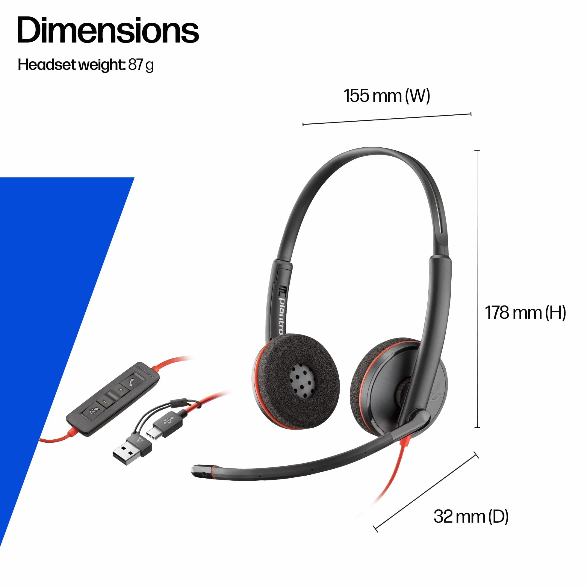 Poly Blackwire 3220 przewodowy zestaw słuchawkowy - mikrofon z redukcją szumów - konstrukcja stereo - podłączenie do PC/Mac przez USB-C lub USB-A - działa z zespołami, zoom