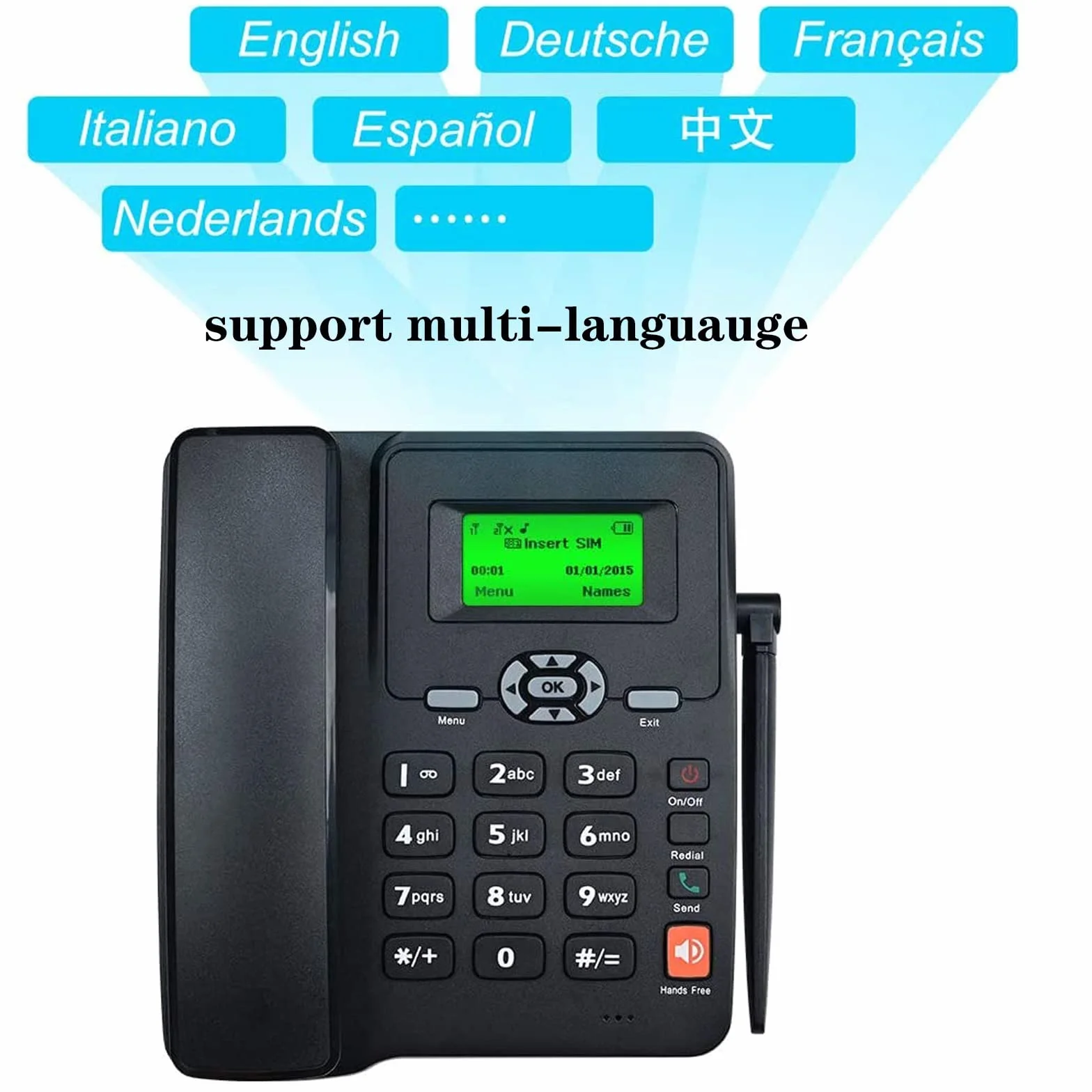 IBOWZ Telefon przewodowy na biurko bezprzewodowy czterozakresowy telefon biurkowy GSM, telefon stacjonarny z gniazdem na kartę SIM, wyświetlacz LCD data/godzina/siła sygnału/pojemność baterii, do