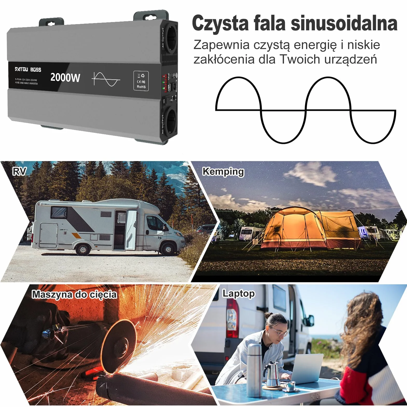 DATOUBOSS Przetwornica 12v 220v/230v Czysty Sinus 2000w, Konwerter Samochodowy Falownik Z 2 Gniazdami Eu, Wyjściem USB/USB-C I Wyświetlaczem LCD, Do Samochodów Kempingowych, Ciężarówek, Kempingów
