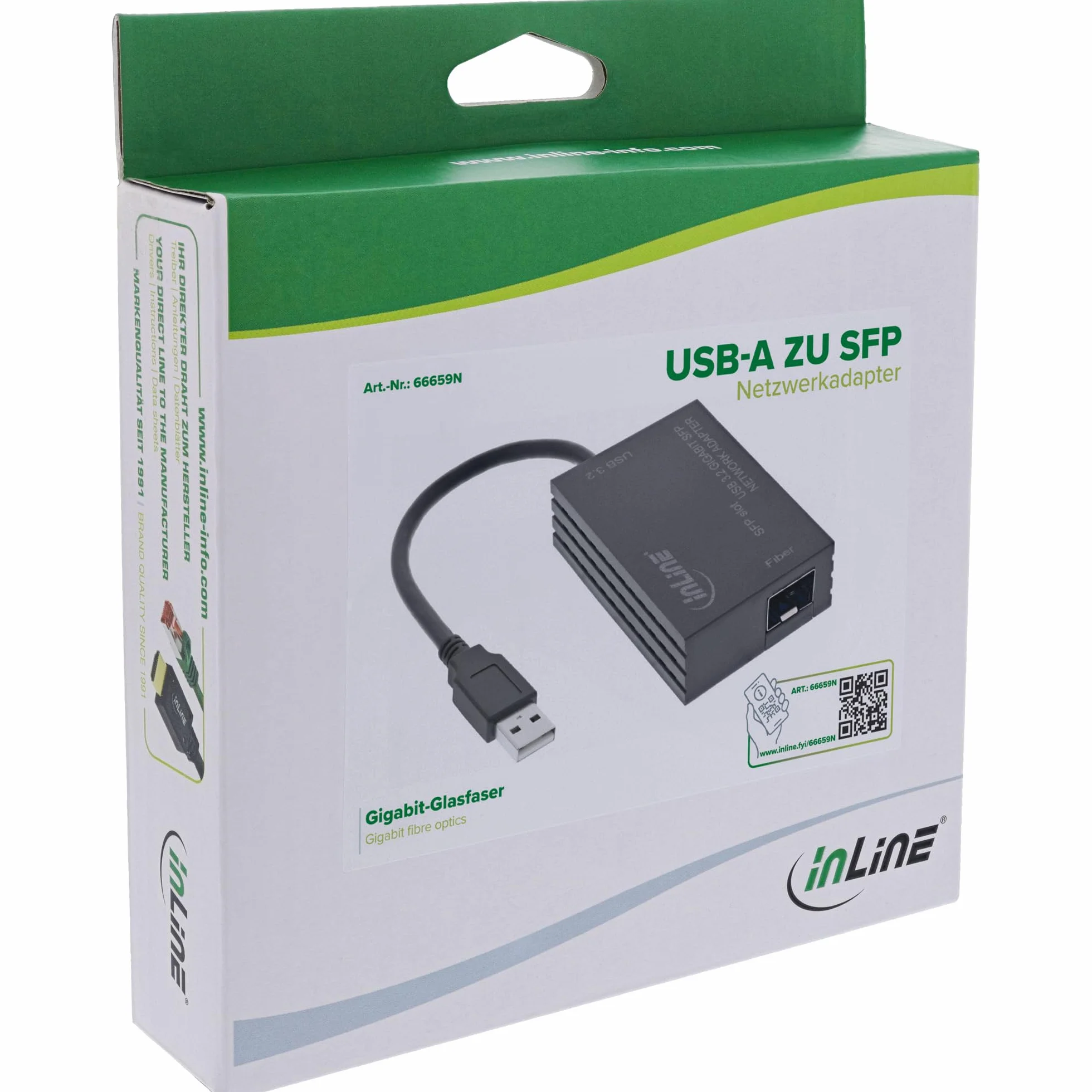 Inline Adapter sieciowy USB-A do SFP do połączeń światłowodowych, Gigabit Ethernet, 10/100/1000 Mb/s, kompatybilny z Windows, macOS, Linux, 66659N