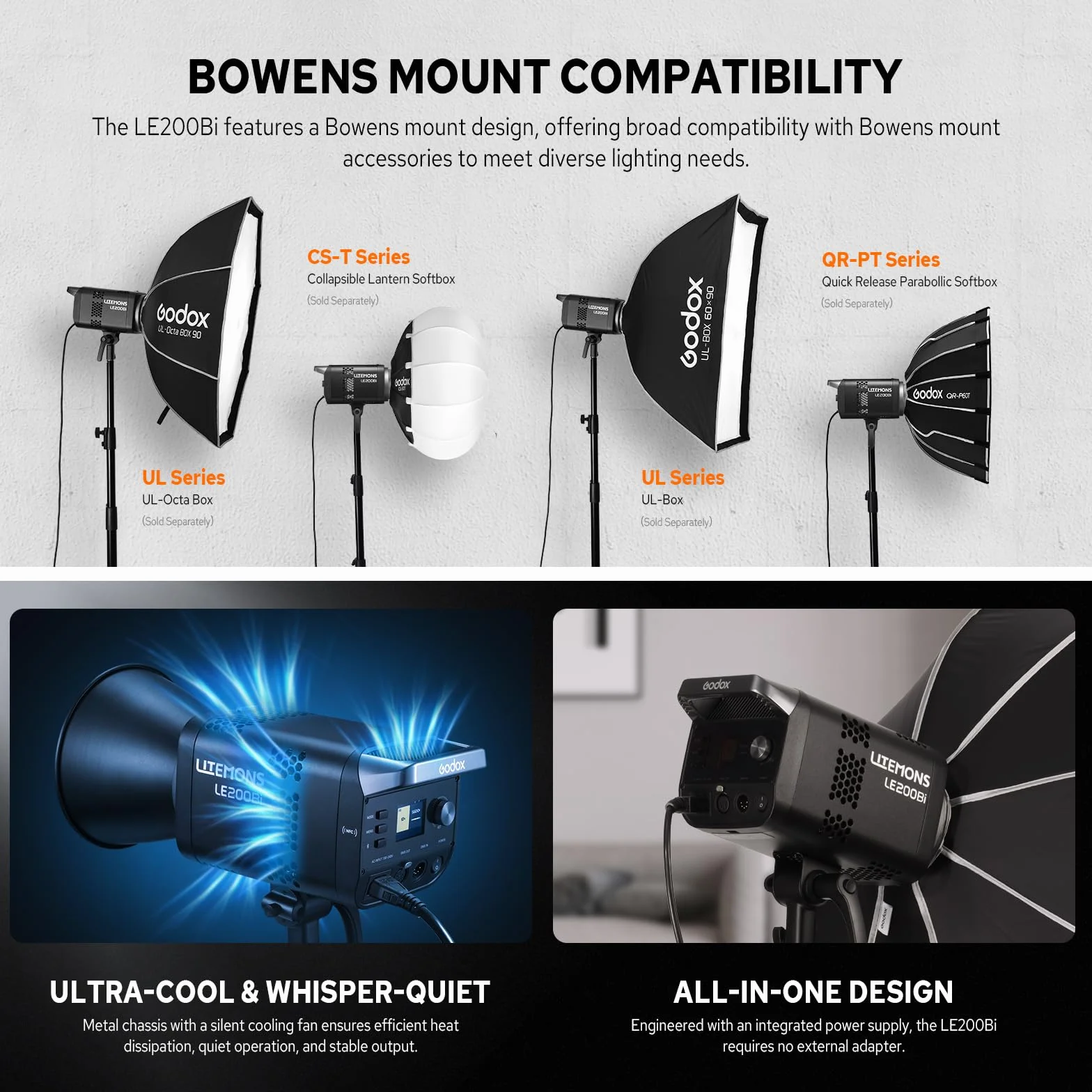 Godox LE200Bi 220 W Bi-Color LED Video Light, 2800 K ~ 6500 K, CRI 98, 57700 Lux/1 m, źródło światła ciągłego LED z uchwytem Bowens, przenośne studio LED do fotografii i streamingu na żywo