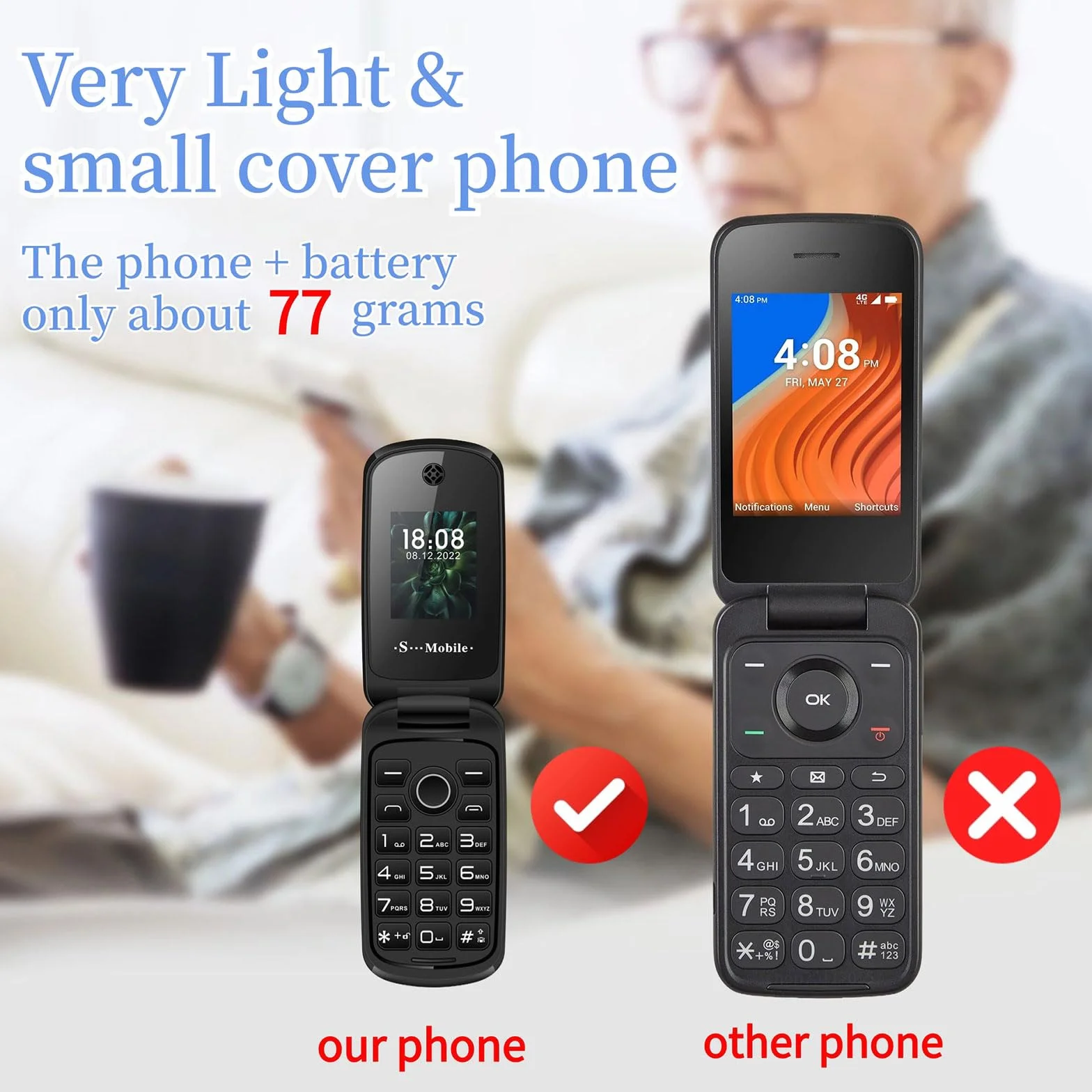 2G Odblokowany Telefon Komórkowy Klapką, Wielofunkcyjny Telefon Komórkowy Starszych Dual SIM+Podświetlenie LED/Latarka Głośny Dźwięk Czysty+SOS Numer Rodzinny Wibracja Przypomnienie,Black
