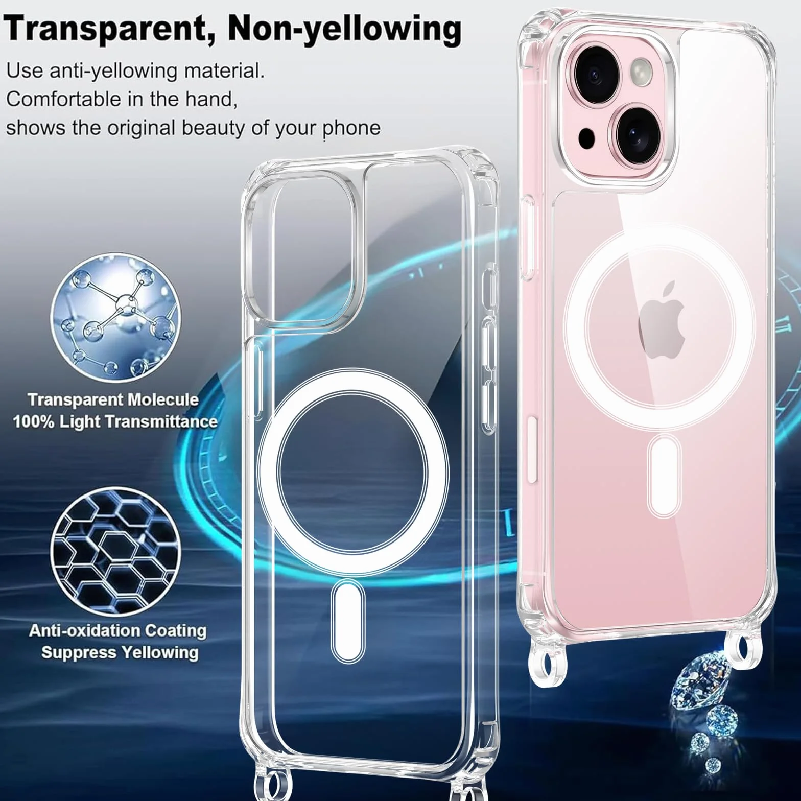 Etui magnetyczne do iPhone 15 ze sznurkiem, kompatybilne z MagSafe, przezroczyste etui z regulowaną smyczą, ultracienkie, miękkie, silikonowe TPU, odporne na wstrząsy etui do iPhone 15