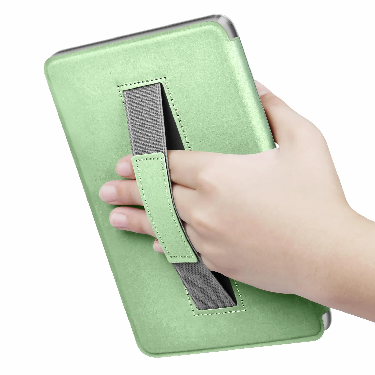 Etui na Kindle 15.2 cm 2024 i 2022 (11. generacji) z naklejkami, pokrowiec z PU + przezroczysty twardy tył TPU z paskiem na rękę, automatyczne uśpienia/budzenie (matcha-green)