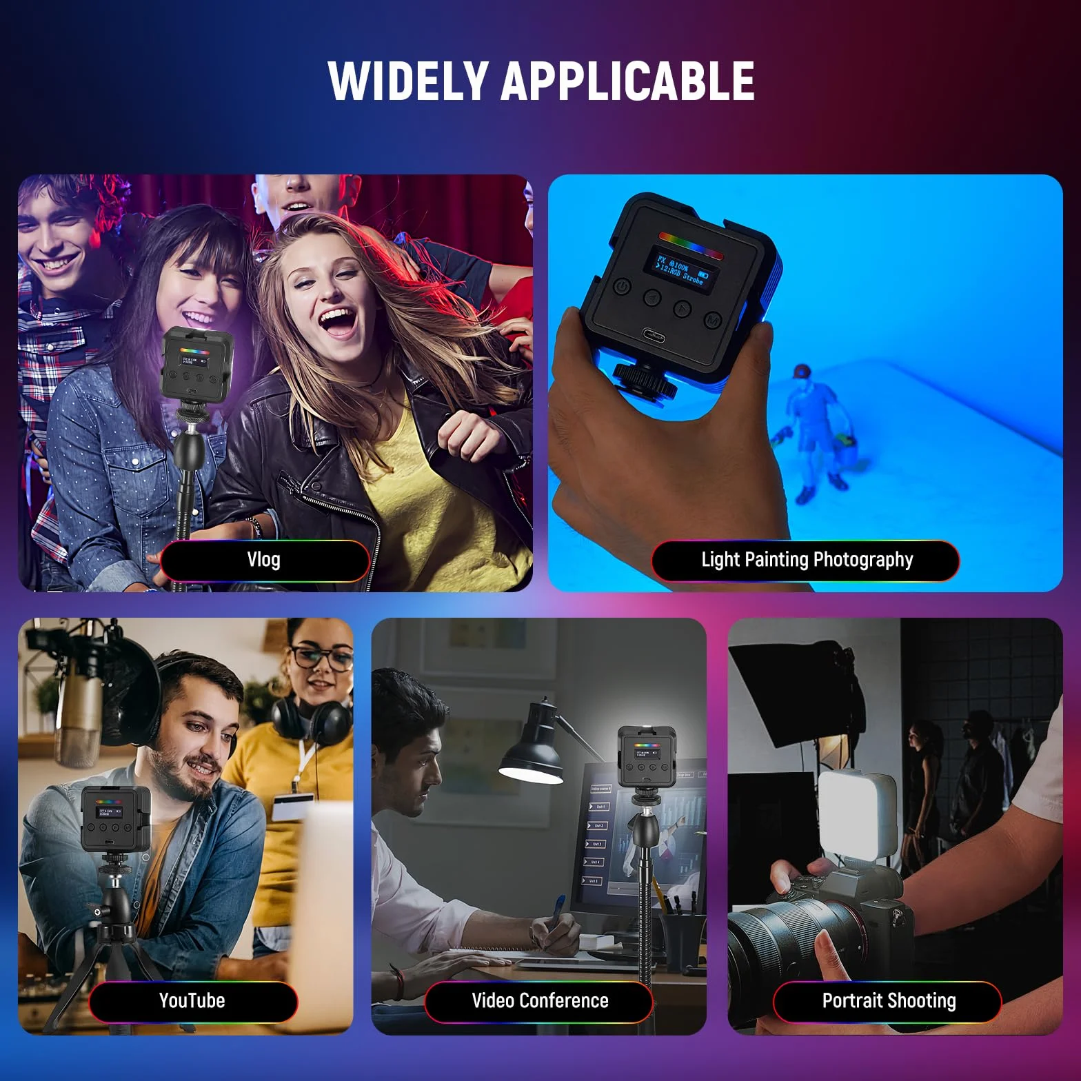 NEEWER Zestaw 2 magnetycznych lamp wideo RGB 360° w pełnym kolorze RGB61 LED do kamery z 3 uchwytami na zimny pazur/CRI 97+/20 trybu sceny/2500K-8500K/2000mAh Przenośne oświetlenie do selfie