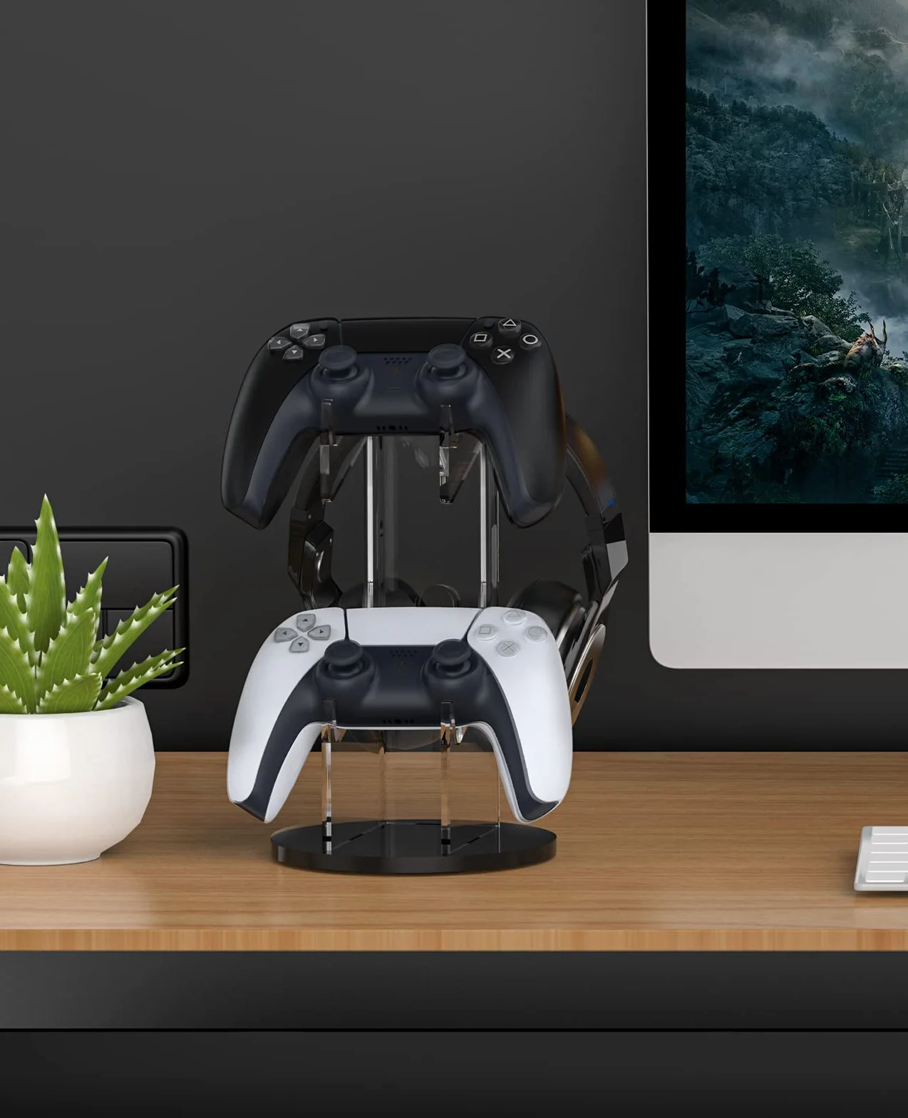 MoKo Universal Stand for Gamepad and Headphone Stand, 2 in 1 Game Controller Support Holder Storage Organizer for Switch/Switch 2, ps5, ps4, xbox One, Xbox Series, Gaming Accessories, Black & Clear | Wysokiej jakości akryl. Podkładka antypoślizgowa. Kompa