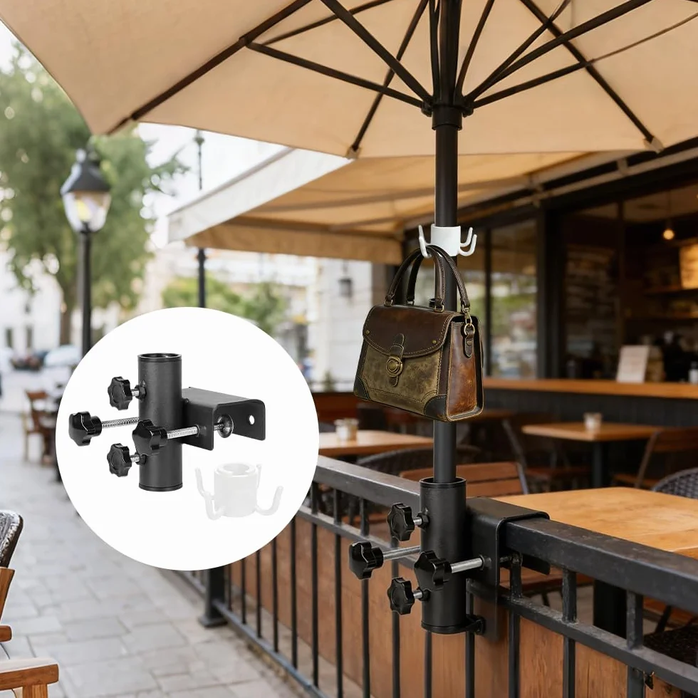 Uchwyt na parasol przeciwsłoneczny, balustrada balkonowa, z haczykami, stabilny metalowy uchwyt na parasol, poręcz balkonowa, regulowana rura parasola Ø 23 ~ 38 mm