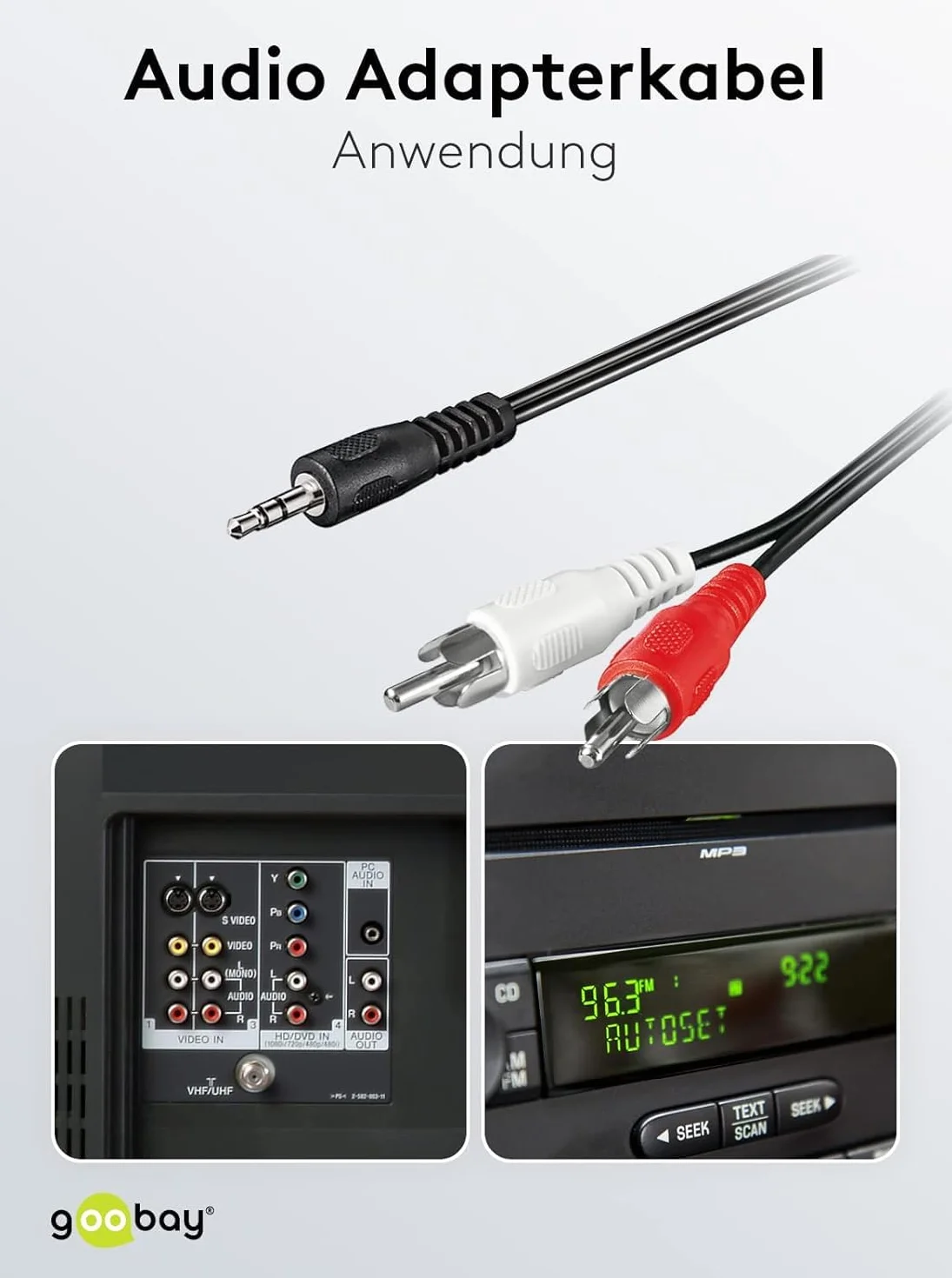 Goobay 50196 3,5 mm jack/kabel adaptera cinch - do gniazd słuchawkowych do RCA / 3-biegunowy stereo 3,5 mm wtyczka na 2 x wtyk cinch/czarny / 3 m