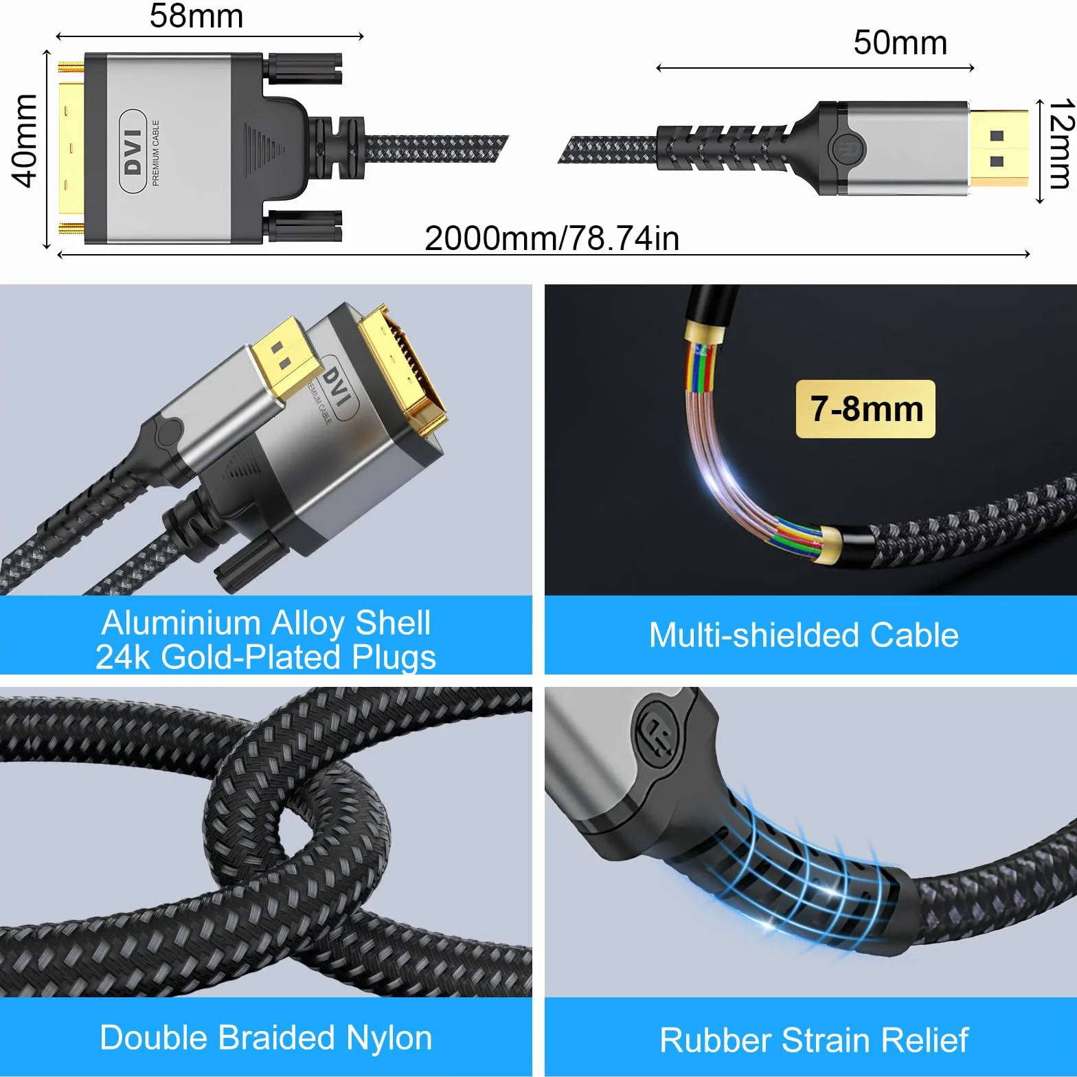 DisplayPort na DVI kabel 2 m, 4K 30 Hz Display Port do DVI-D 24+1, podwójnie pleciona linka nylonowa, obudowa ze stopu aluminium, pozłacana wtyczka, kabel DP na DVI do komputera, DVD, HDTV, projektora
