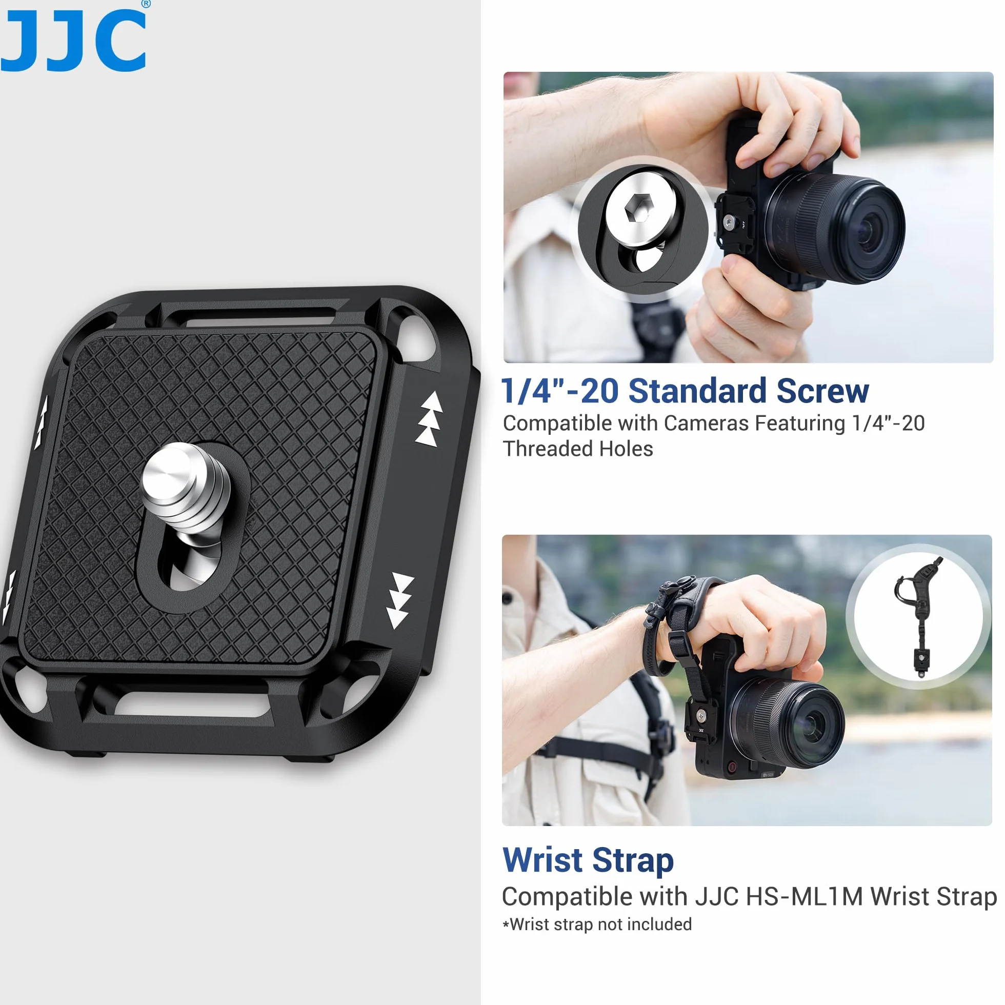 JJC płytka szybkiego mocowania ze śrubą 1/4, metalowa płytka szybkiego mocowania do aparatu Peak Design Capture Clip V3, zainstalowane głowice statywu typu Arca